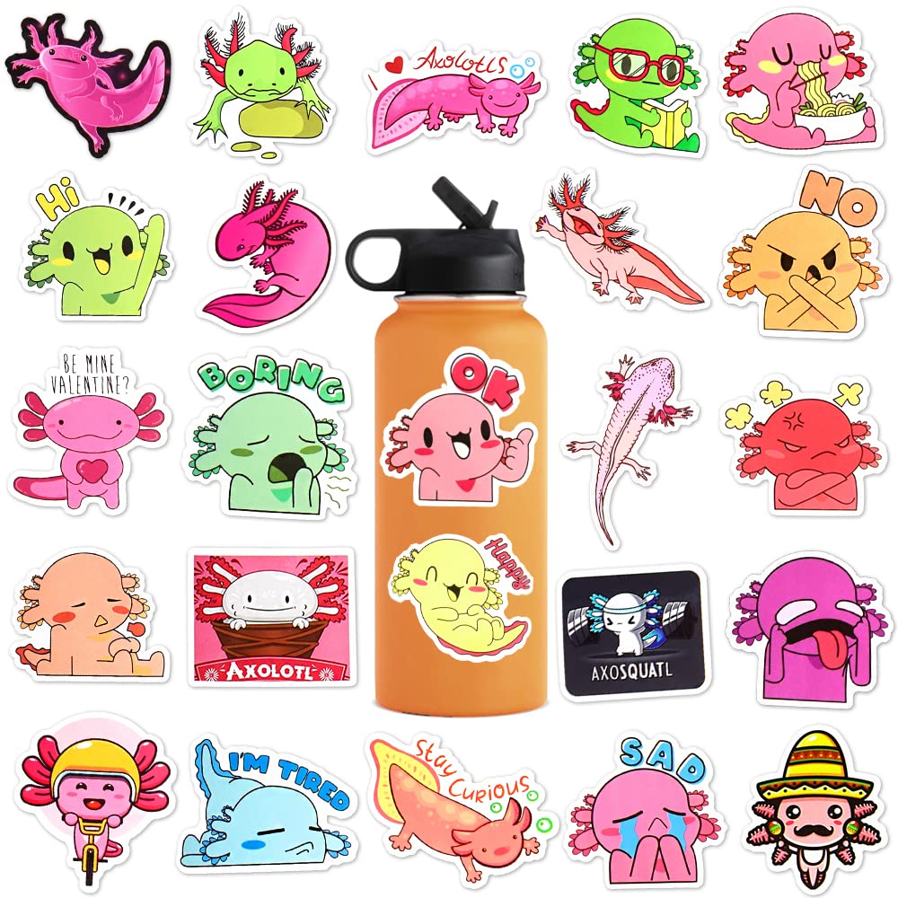 50 Pcs Cute Axolotl Stickers - Waterproof Vinyl Decals for Water Bottles, Laptops, Scrapbooks - Fun Decorative Stickers for Girls & Teens - Perfect for School Supplies, DIY Crafts & Room Decor