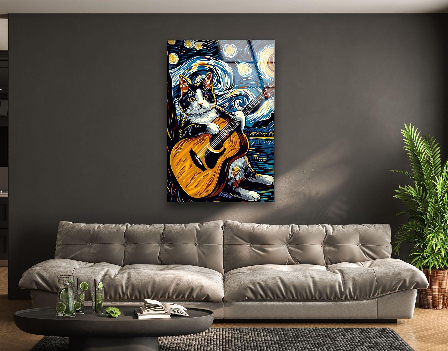 Adorable Cat Playing Guitar Glass Wall Art - Unique Home Decor for Living Room, Bedroom & Office - Perfect Gift for Cat Lovers