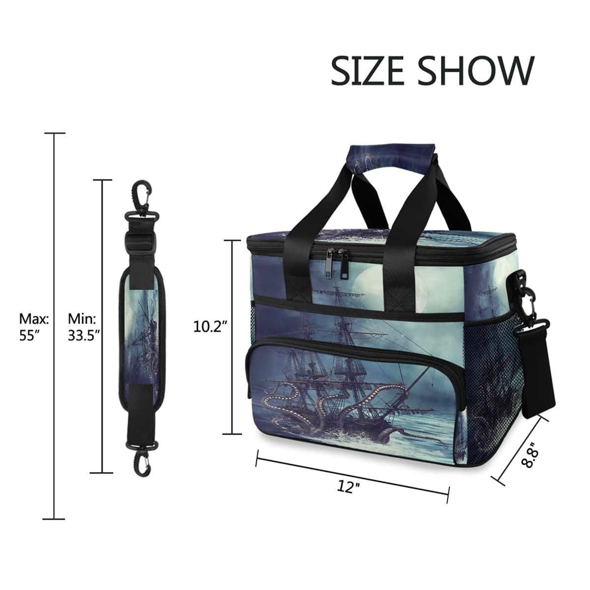 24-Can (15L) Insulated Lunch Box - Large Cooler Lunch Bag with Sea Pirate Boat & Tentacle Design, Soft Leakproof Cooling Tote for Men & Women - Perfect for Camping, Picnics, BBQs, Beach Trips & Outdoor Adventures