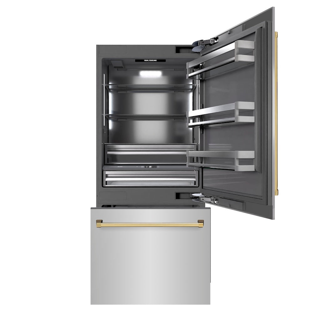 ZLINE Autograph Edition 36 Inch 19.8 cu ft Built-In Bottom Freezer Refrigerator with Water Dispenser & Ice Maker - Stainless Steel Exterior, Graphite Gray Interior & Polished Gold Accents (GRBITZ 304 36G) - Perfect for Modern Kitchens & Luxury Homes