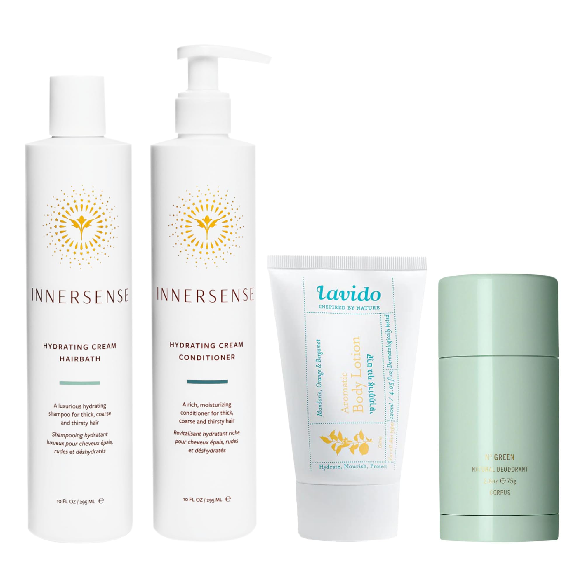 Organic Hydrating Shampoo & Conditioner Set with Lavender Body Lotion & Natural Deodorant - INNERSENSE, Lavido & CORPUS Nº Green Bundle for Dry Hair Care, Aromatherapy & Odor Protection | Perfect for Daily Hair & Skin Routine, Travel & Eco-Friendly Gifting