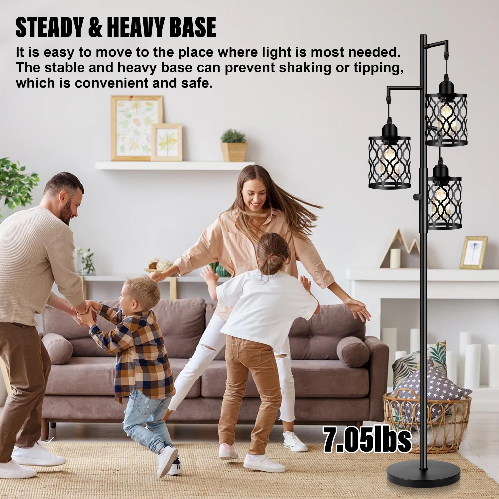 Dimmable Farmhouse Floor Lamp - Industrial Rustic Standing Tall Lamp with 3 x 6W LED Bulbs for Living Room, Bedroom & Office - 68