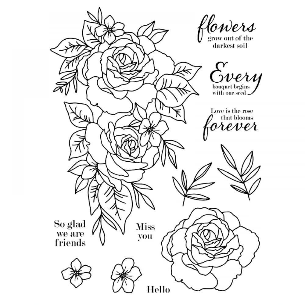 DIY Scrapbooking Flower Dies & Stamps Set - Transparent Silicone Seal Stamps for Card Making, Paper Crafts, Arts & Crafts - Perfect for Greeting Cards, Journals, and Handmade Gifts (Miss You, Hello, Friendship Phrases)