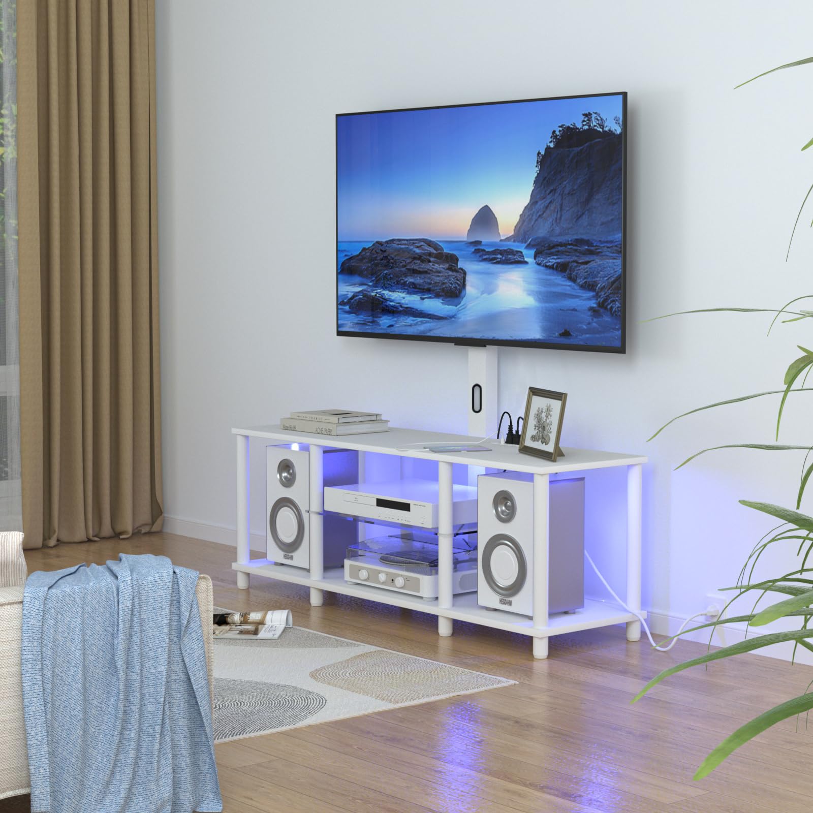 White TV Stand with Power Outlets & LED Lights - Universal Mount for 32 to 70 Inch TVs - Modern Entertainment Center with Open Storage Shelf - Perfect for Bedroom, Living Room or Office Home Decor