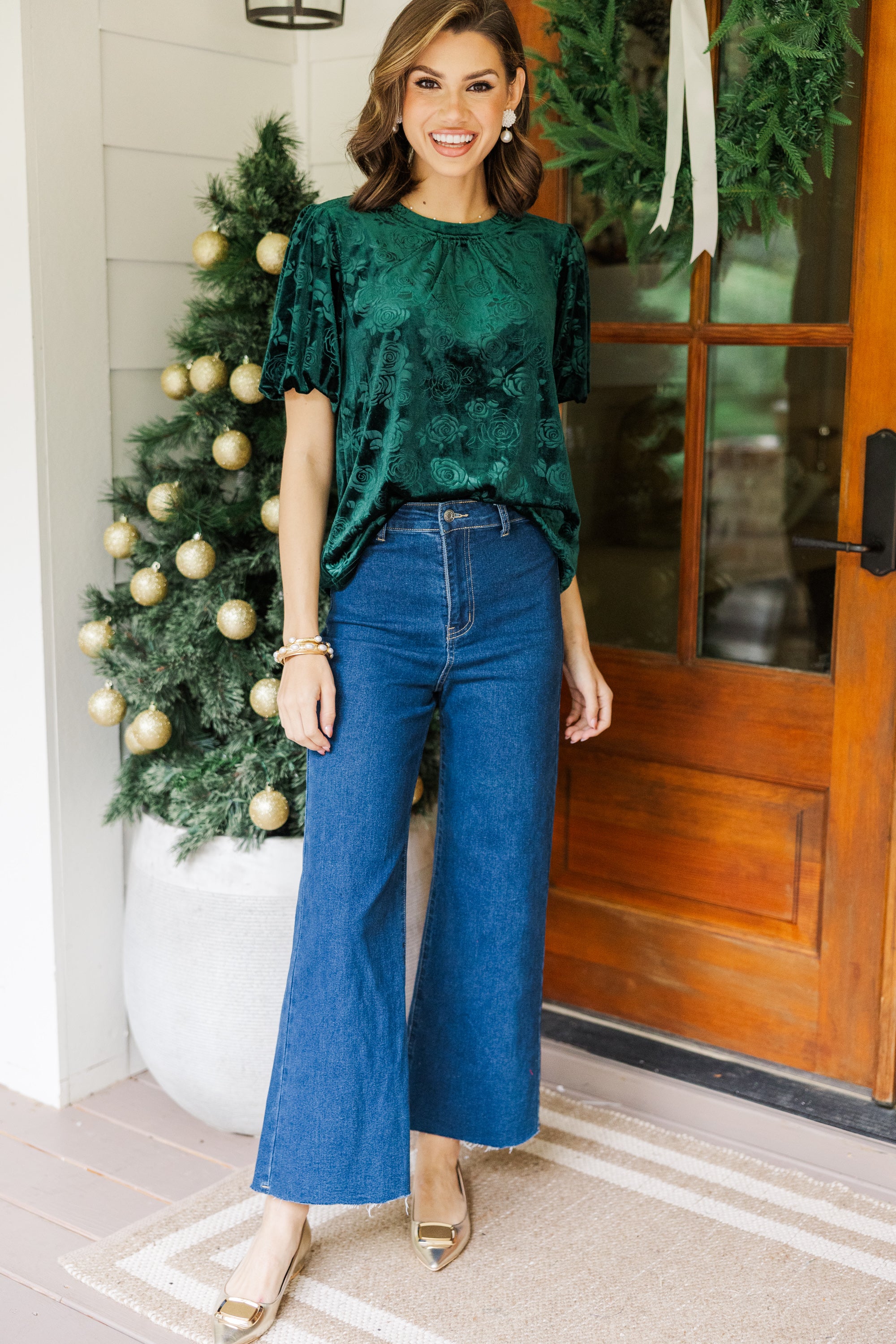 Emerald Green Floral Velvet Blouse for Women - Elegant Long Sleeve Tops - Perfect for Parties, Dates & Office Wear
