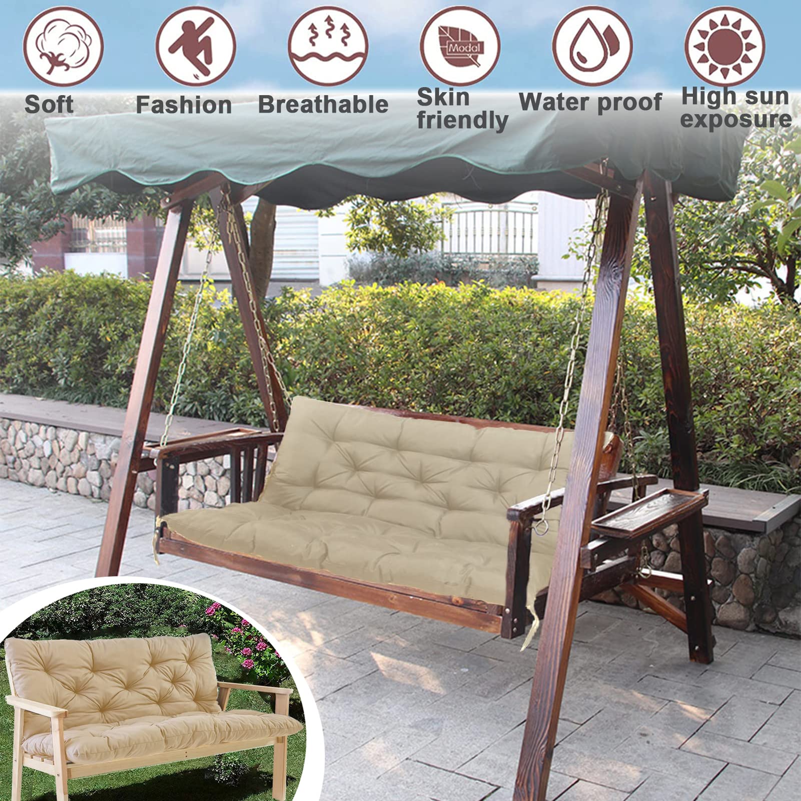 Waterproof Outdoor Swing Replacement Cushions with Backrest - 40x40 Inch Light Yellow Patio Sofa Pads for 2-3 Seater Bench, Perfect for Garden, Porch & Backyard Relaxation