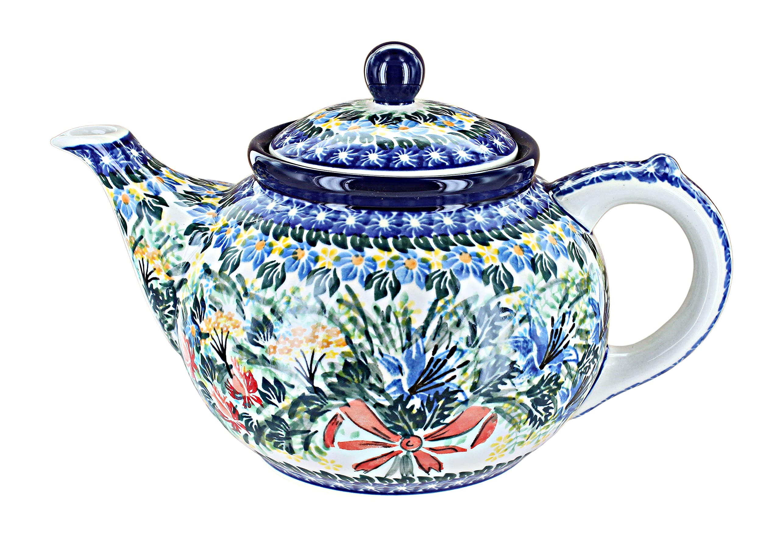 Blue Rose Polish Pottery Teapot - Handcrafted Ceramic Day Lily Bouquet Design, Medium Size - Perfect for Afternoon Tea, Gift Giving & Home Decor