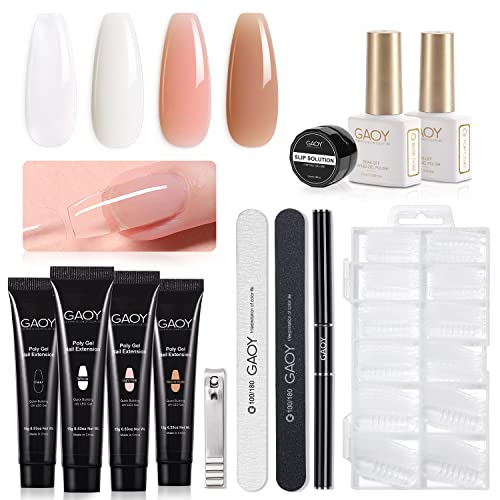 GAOY 4 Colors Poly Nail Extension Gel Kit with Top Coat, Base Coat, Dual Forms & Tools - All-in-One Nail Builder Gel for French Manicure | Professional Salon & DIY Home Nail Art Enhancement Kit