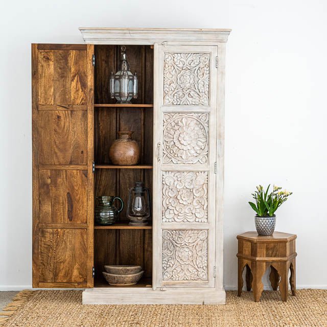 Hand Carved Solid Wood Charika Armoire - Traditional Indian Wardrobe with Mirror & Storage | Perfect for Bedroom, Living Room & Guest Room Organization