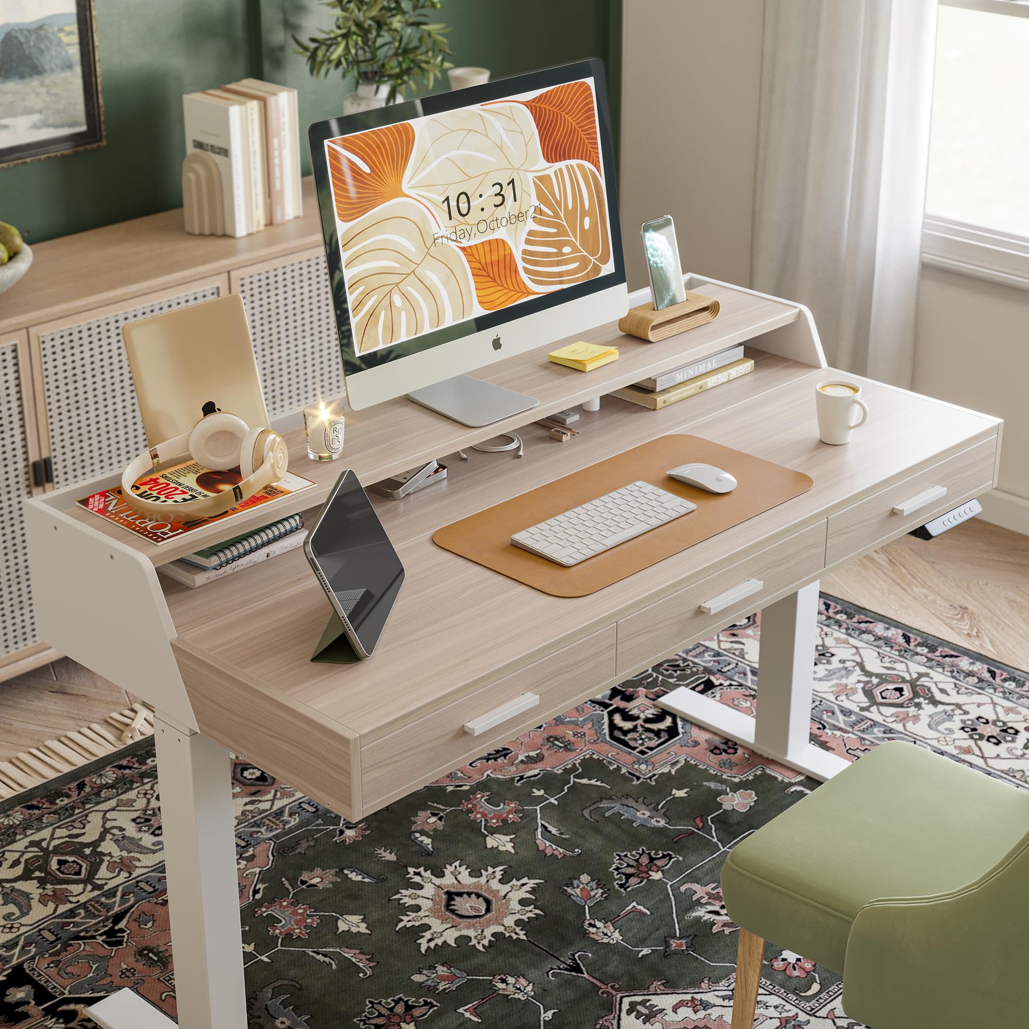 FEZIBO 48x24 Inch Electric Height Adjustable Standing Desk with Drawers & Monitor Shelf - Light Walnut Sit Stand Home Office Desk for Ergonomic Workspace & Small Spaces