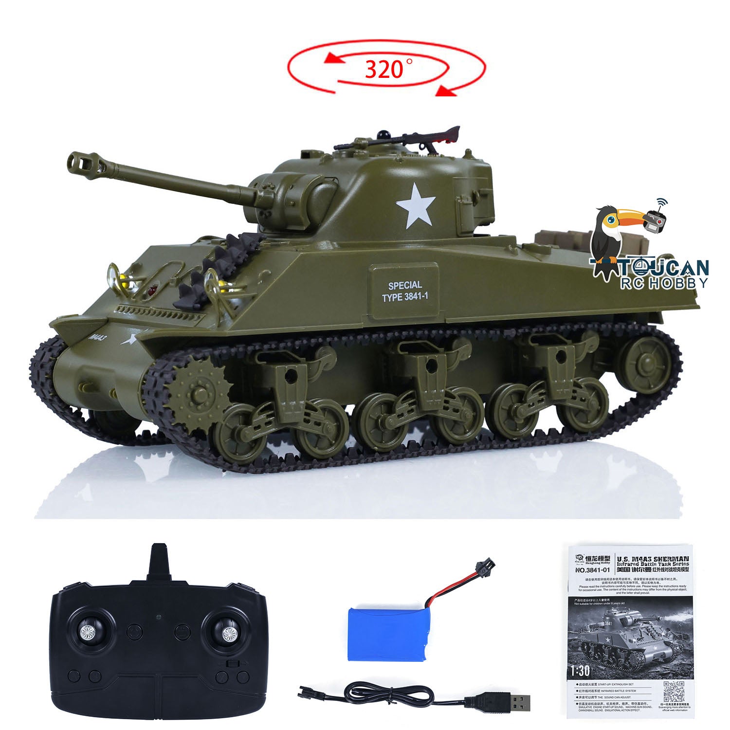1/30 Heng Long Plastic RC Battle Tank Sherman M4A3 3841-01 2.4G Remote Control Military Vehicle - Painted & Assembled - WWII Tank Model for Collectors & Battle Simulation Games