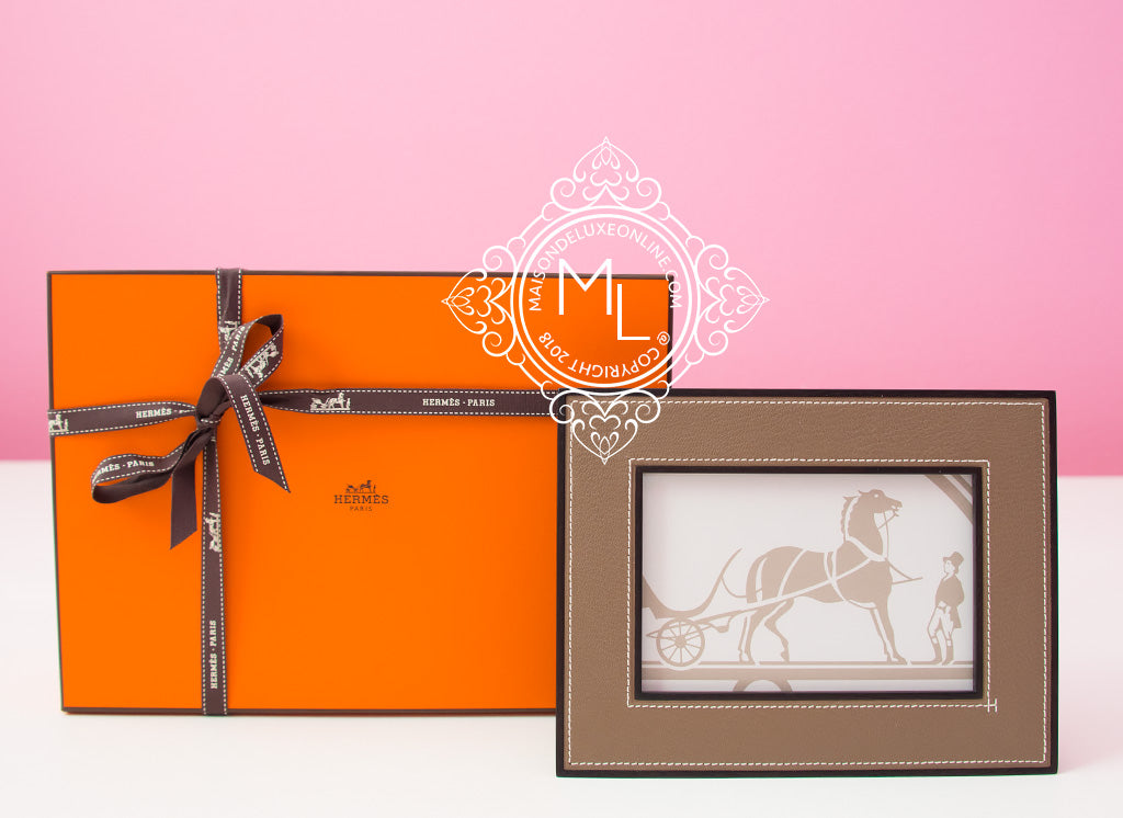 Hermes Classic Pleiade Etoupe Leather Photo Frame - Elegant Picture Display for Home & Office Décor | Perfect for Family Photos, Wedding Memories & Gift Giving