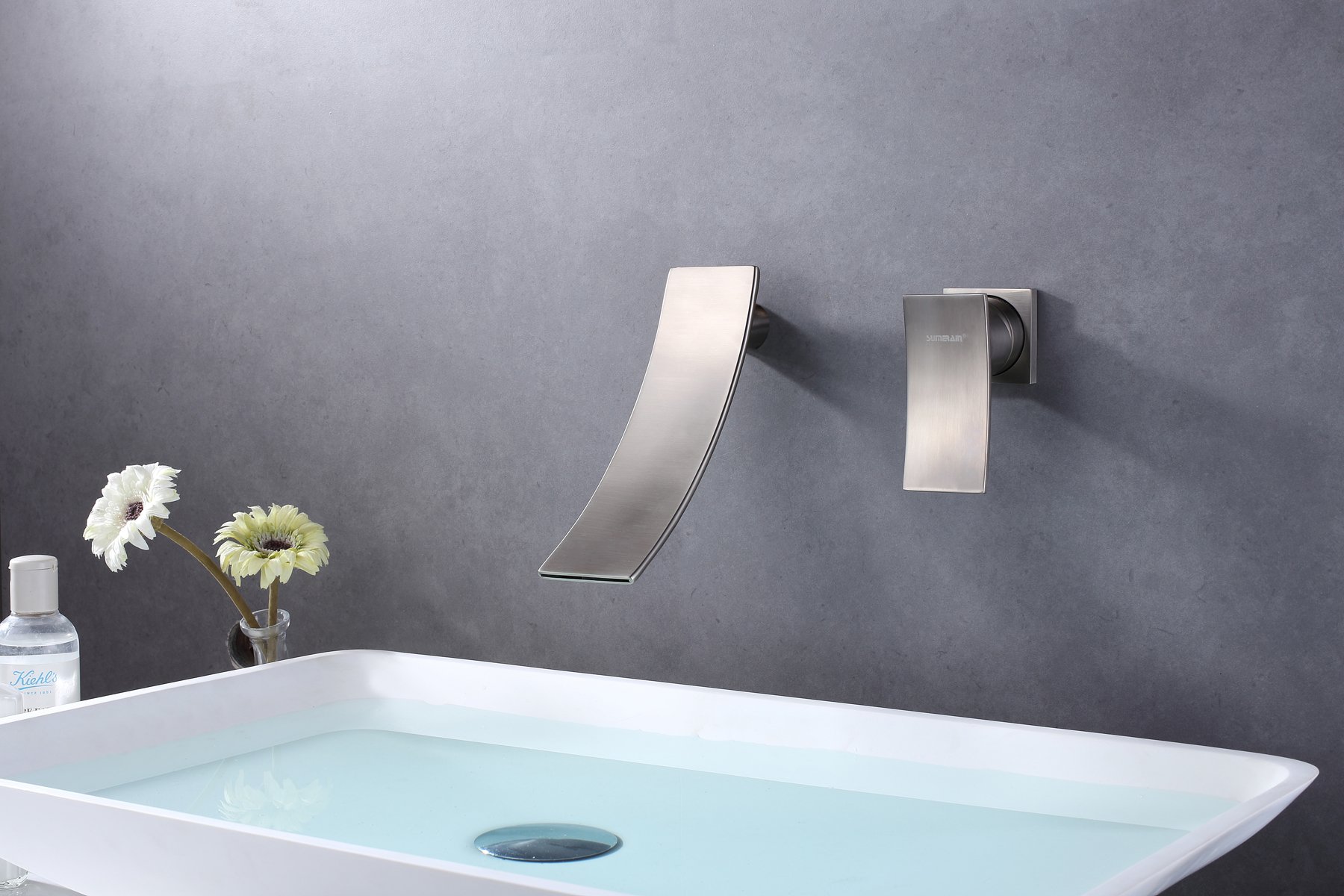 Brushed Nickel Wall Mount Bathroom Faucet - Single Handle Waterfall Spout Sink Faucet for Modern Vanity | Perfect for Small Bathrooms & Powder Rooms