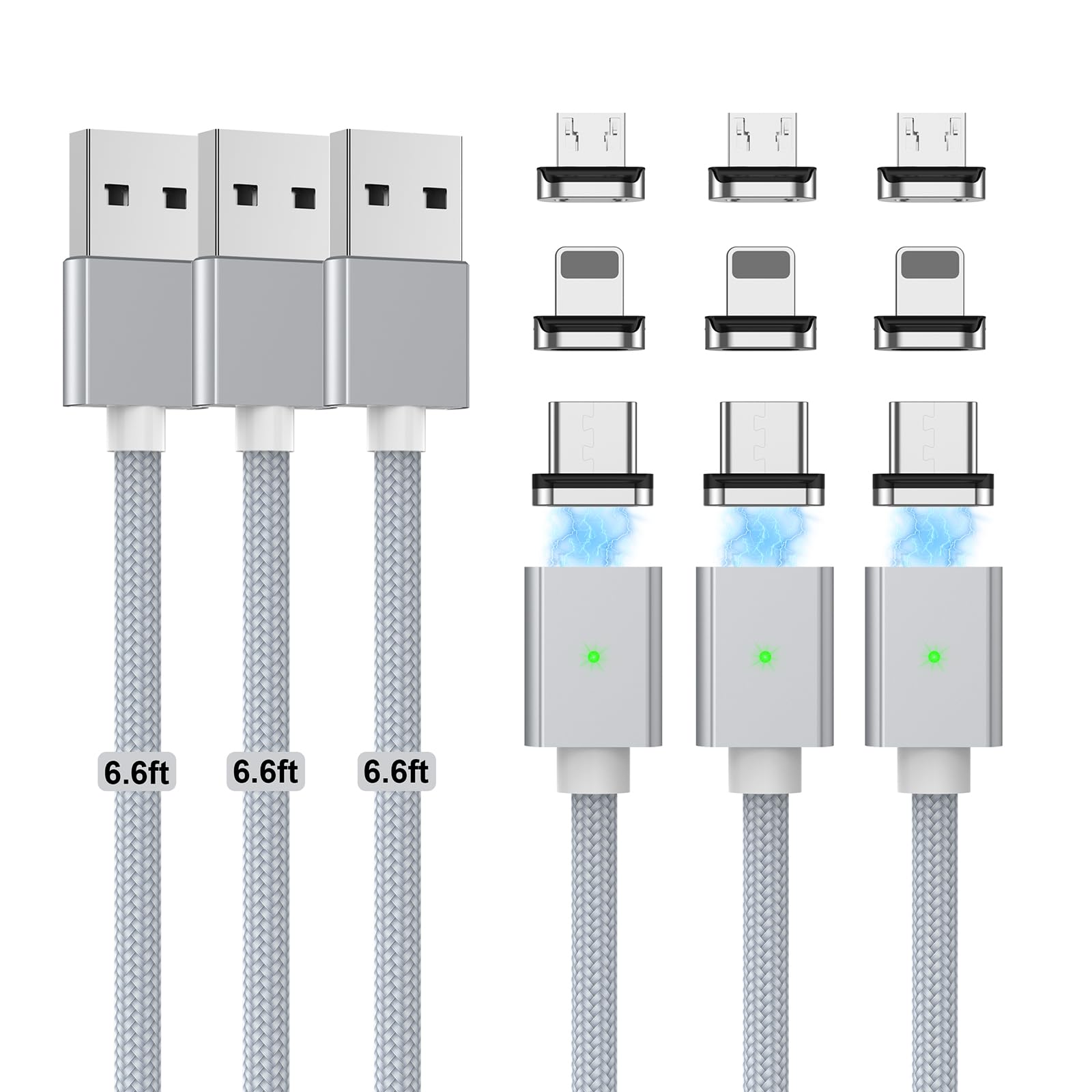 3-Pack Magnetic Charging Cable - 3A Fast Charging (6.6ft Each) - Nylon Braided 3-in-1 Phone Charger with LED Light for iPhone/Android - Compatible with Lightning/USB-C/Micro-USB - Perfect for Home, Office & Travel Charging Needs