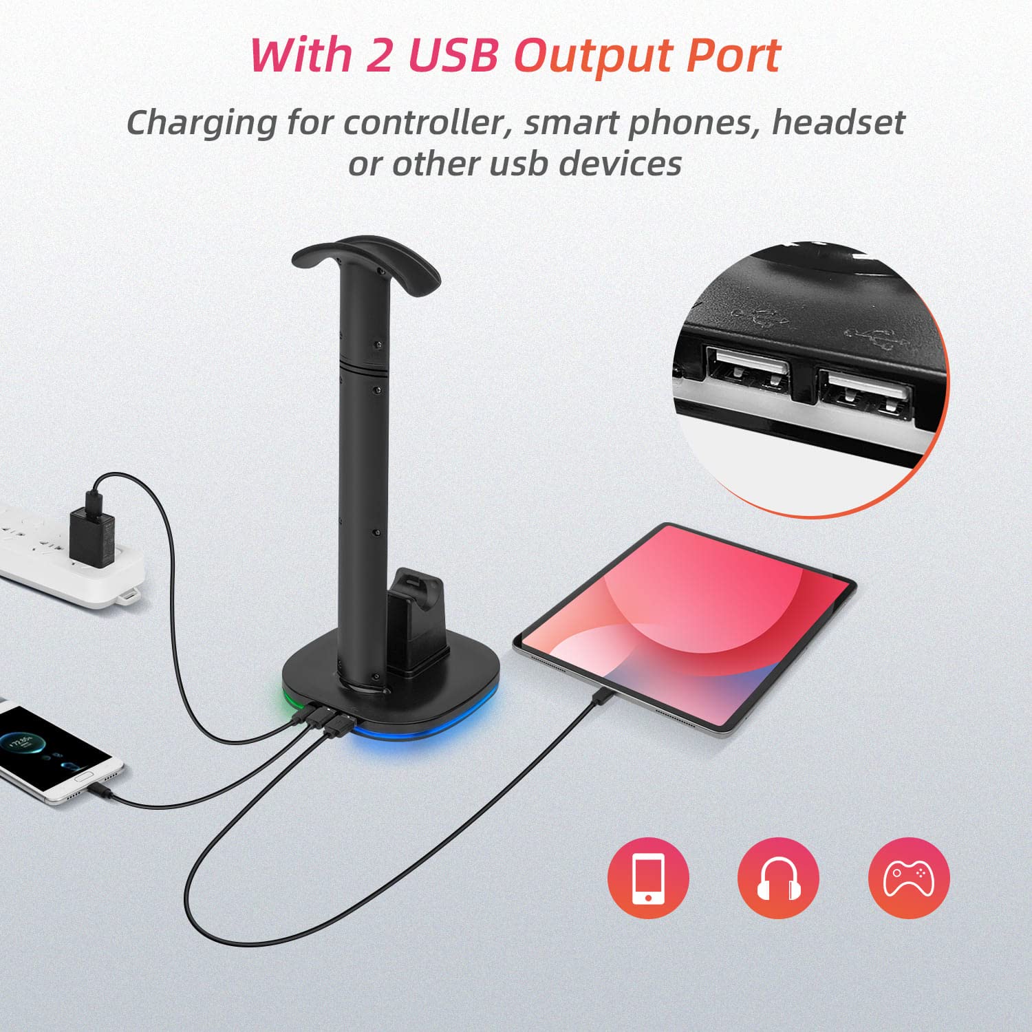 PS5 Headset Stand with RGB Charging Dock for DualSense & Edge Controllers - 2 USB Ports, Black | Gaming Accessory for Organized Playstation 5 Setup