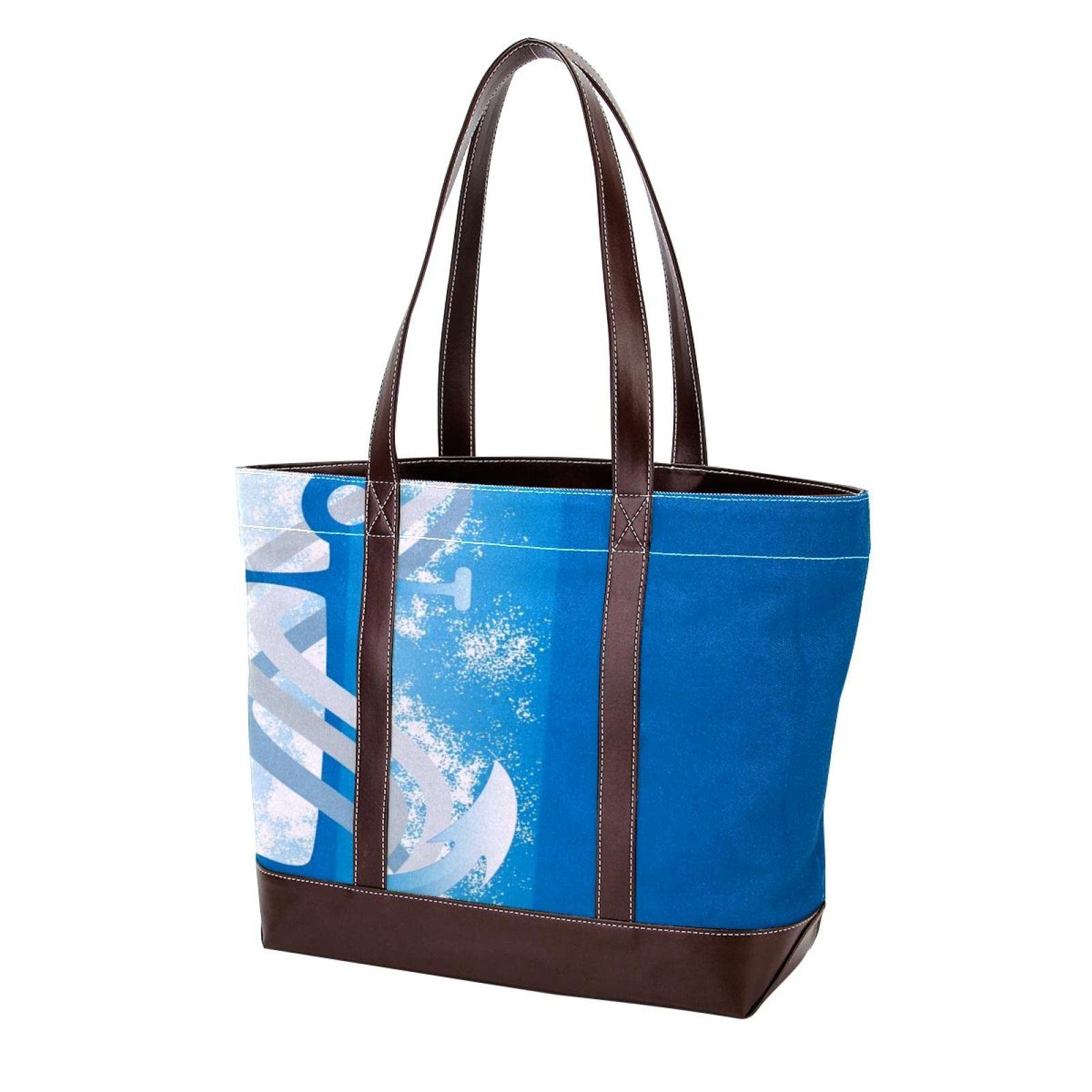 Stylish Large Leather & Canvas Tote Bags for Women - Top Handle Shoulder Satchel Hobo Purse with Anchors Pattern - Perfect for Work, Travel & Everyday Use