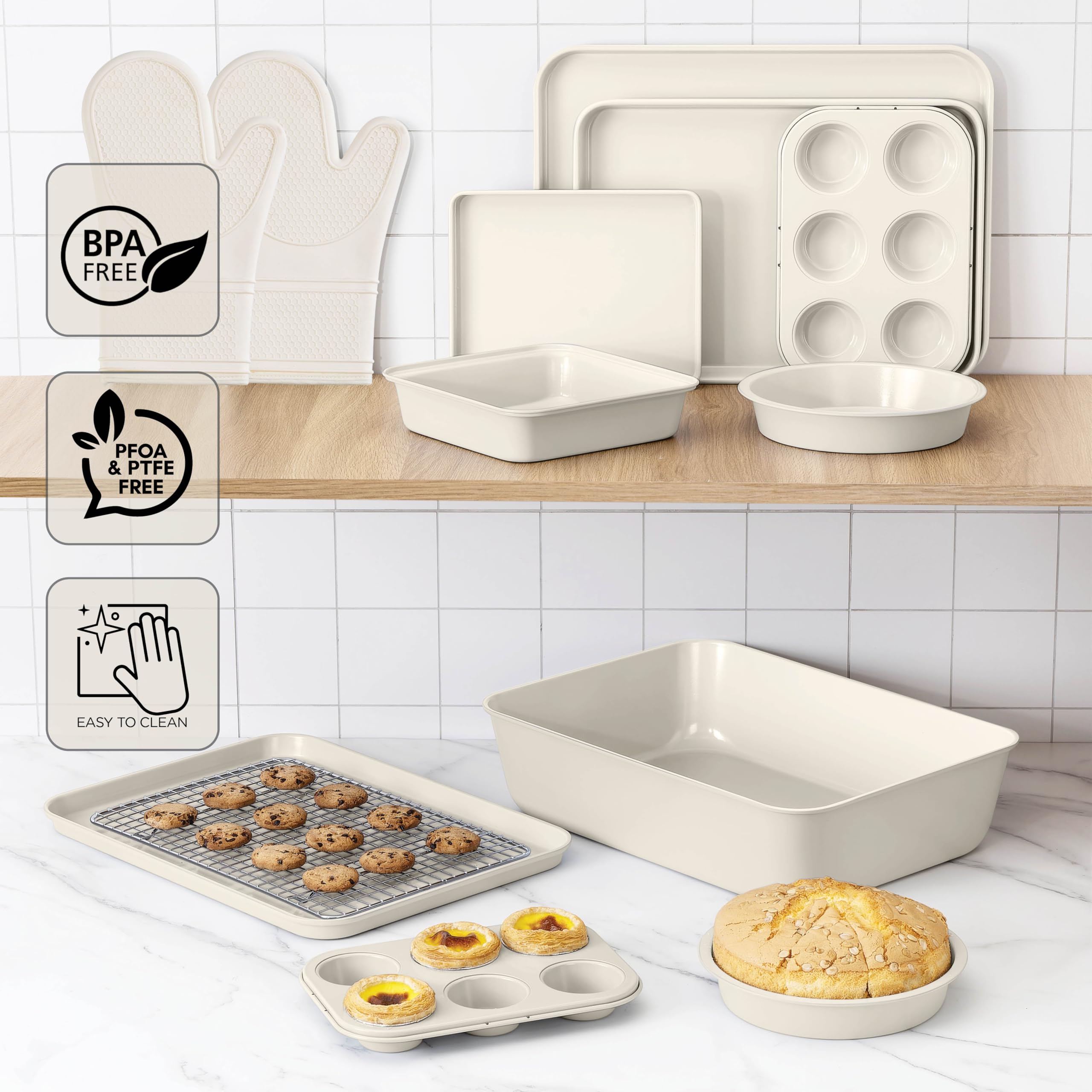 Nonstick Stackable Bakeware Set - 13-Piece Durable & Easy Release Country Kitchen Baking Set in Cream - Perfect for Cakes, Cookies, Pies & Family Gatherings