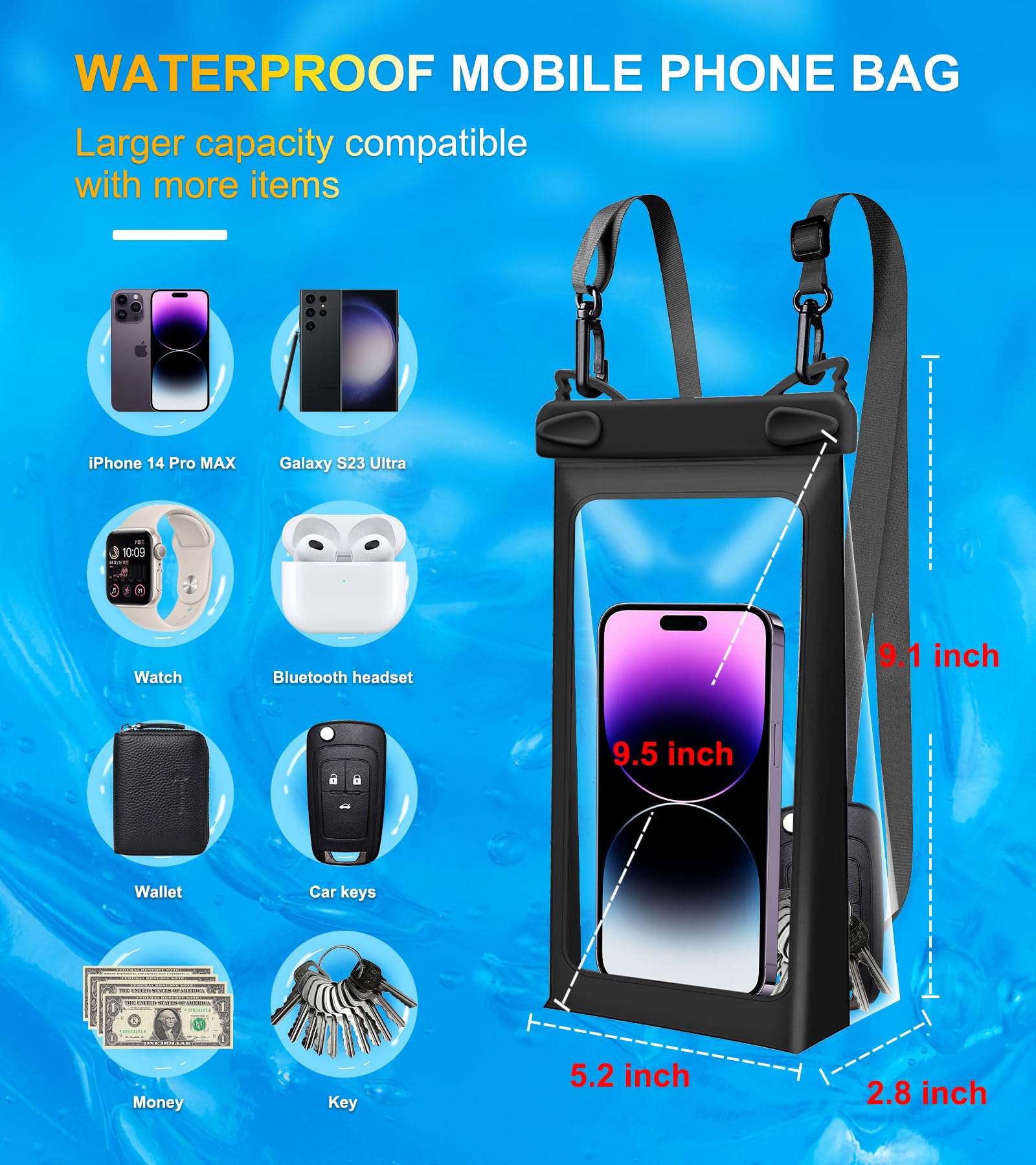 Universal Waterproof Phone Pouch - Floating Dry Bag for iPhone 15/14/13/12/11 Pro Max/XS/XR/X & Samsung Galaxy S24/S23/S22/S21 Plus/Ultra - Underwater Case with Lanyard for Swimming, Beach, Boating & Water Sports (Black)