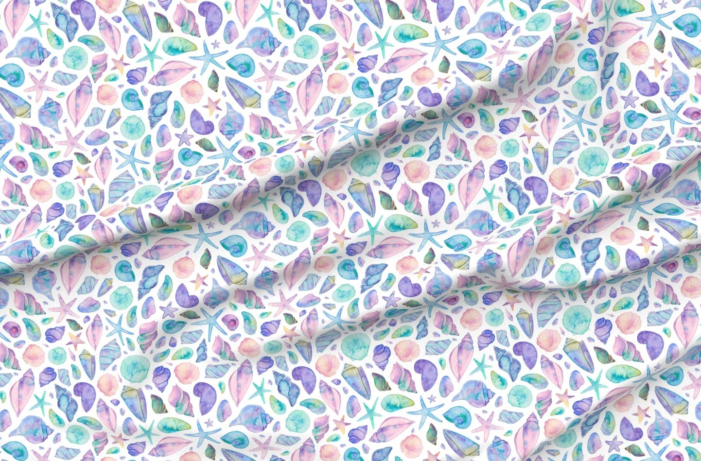 Colorful Seashells Watercolor Printed Denim Fabric by The Yard - Heavyweight Cotton for Apparel, Home Decor & Upholstery - Perfect for Beach House Decor, DIY Curtains, Throw Pillows & Quilting