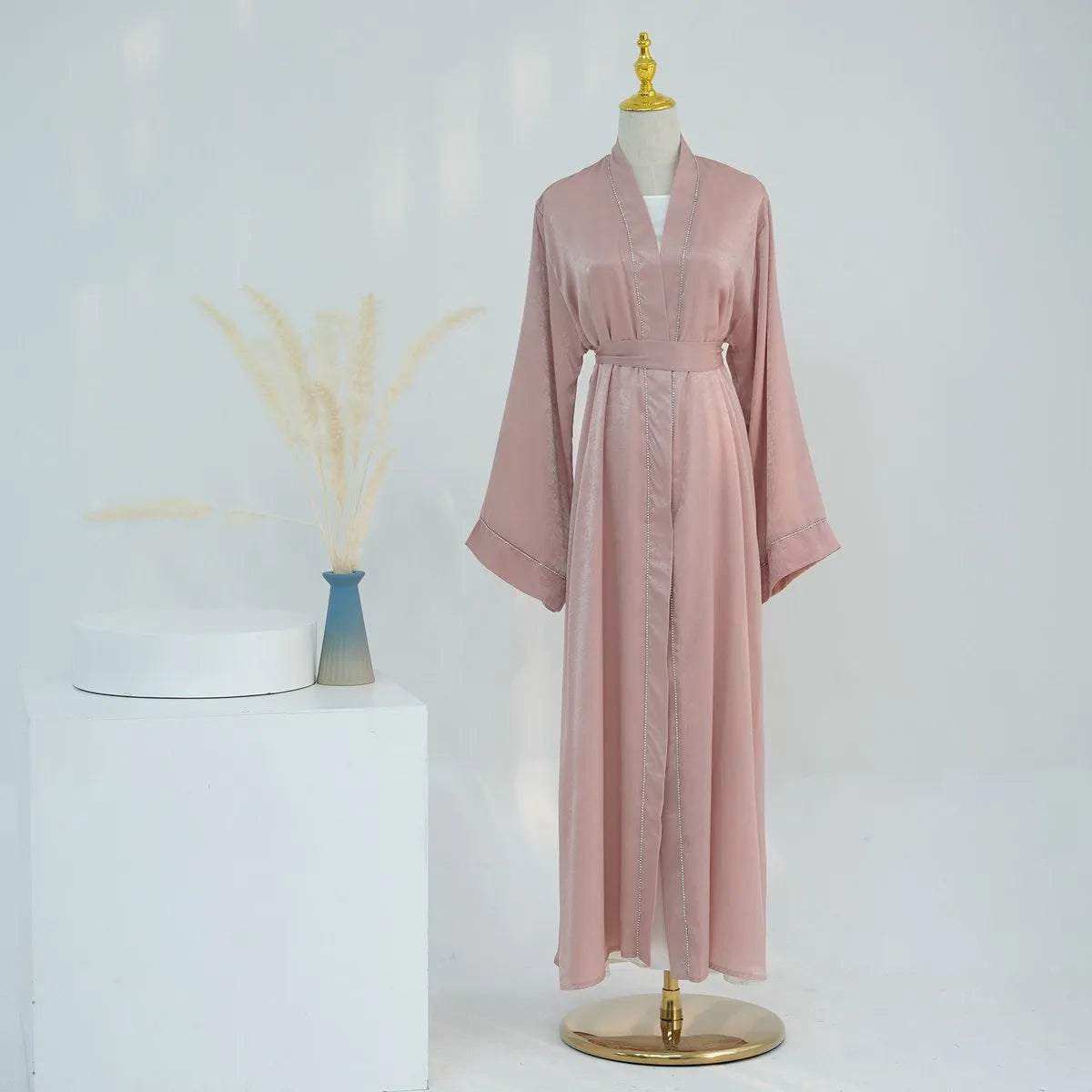 Elegant Muslim Women's Satin Cardigan Open Abaya Dress - Modest Islamic Prayer Dress for Home & Mosque