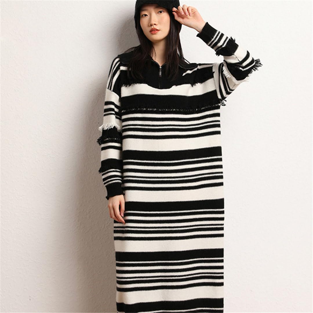 Women's Cashmere Sweater & Long Skirt Set - Striped Knit Dress for Autumn Winter - Plus Size Loose Fit Cozy Outfit for Casual Wear, Office & Date Nights