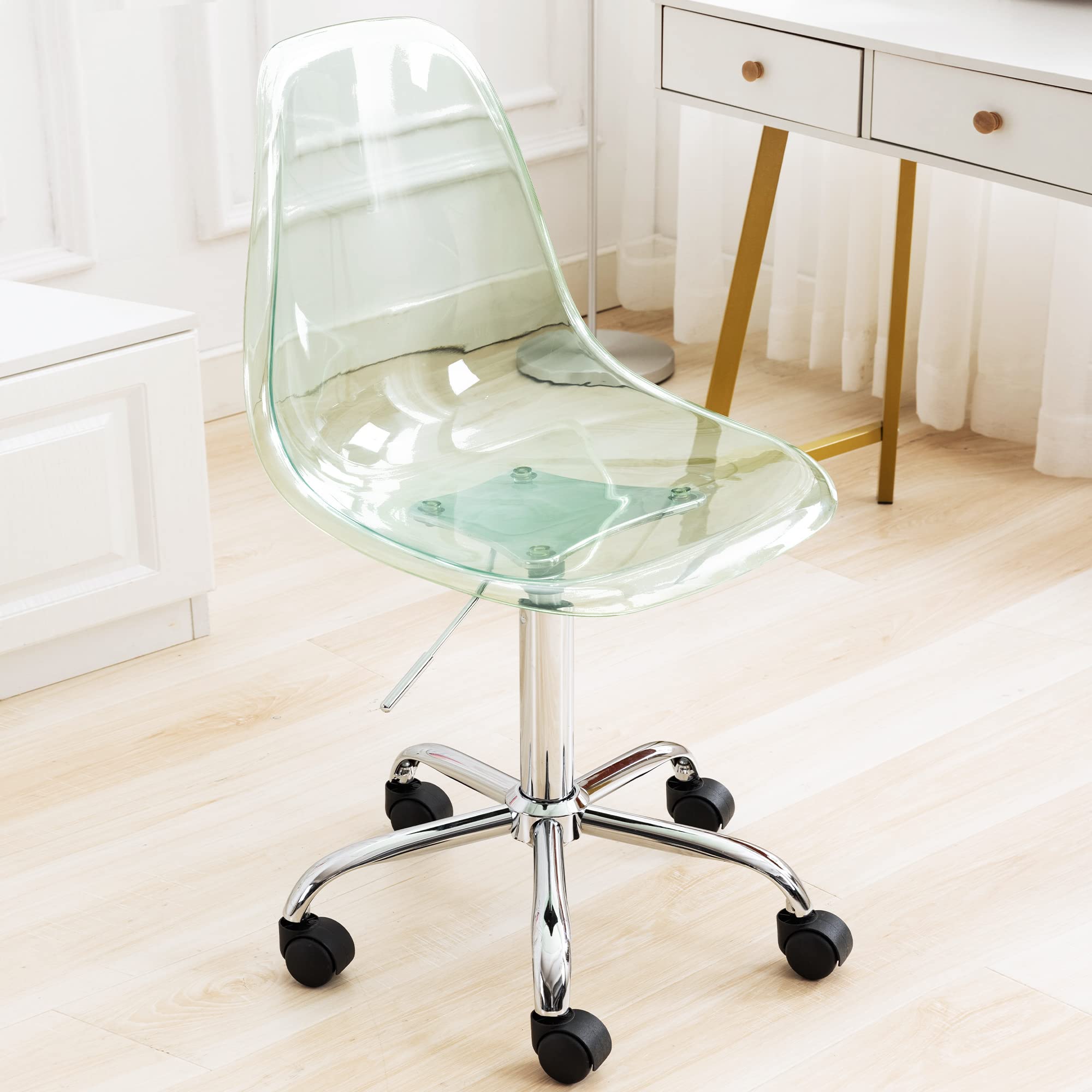HOMEFUN Clear Acrylic Rolling Armless Swivel Chair - Height Adjustable Ghost Molded Plastic Office Chair with Wheels, Green - Perfect for Home Office, Vanity, and Modern Workspaces