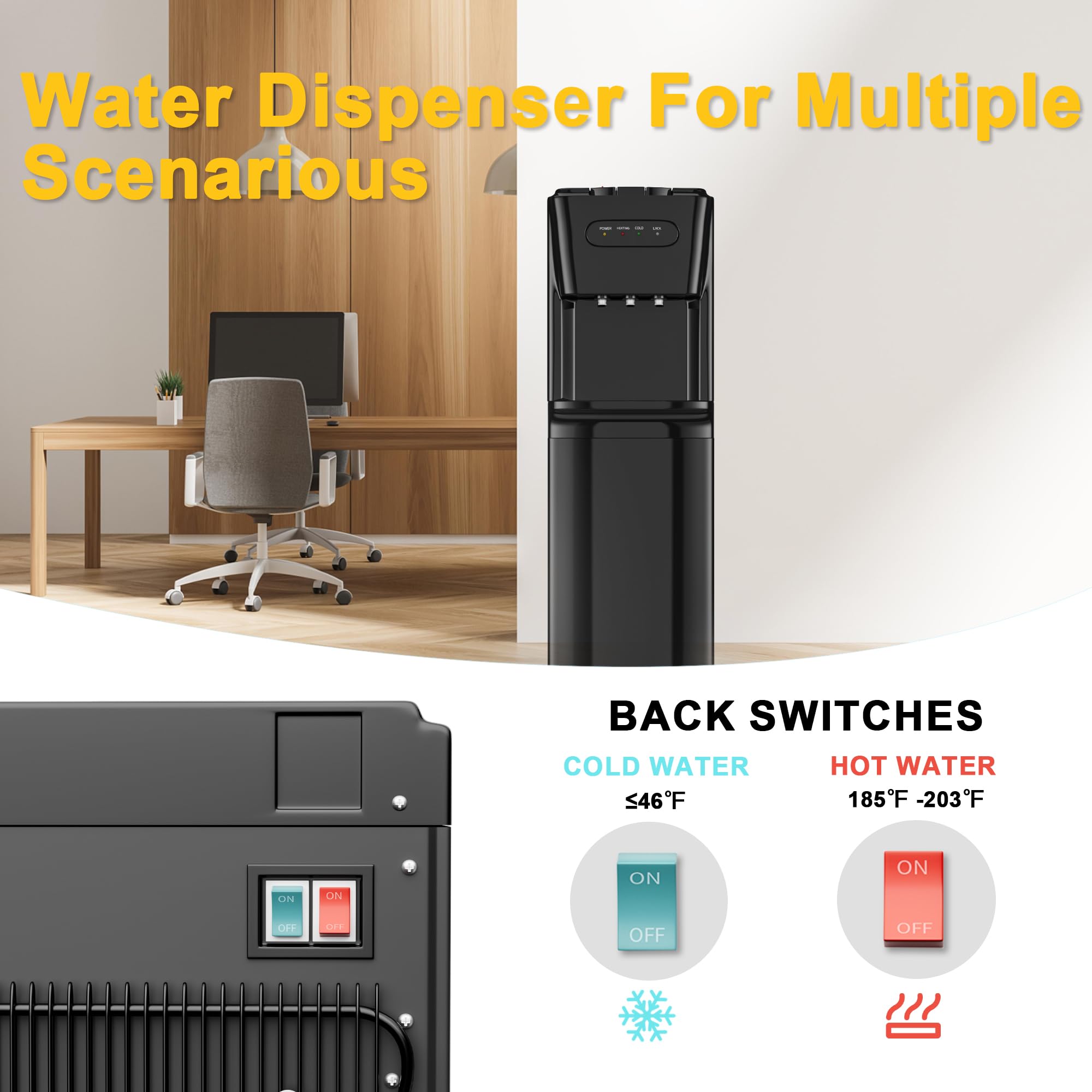 5 Gallon Bottom Loading Water Cooler Dispenser with Hot, Room & Cold Temperature Options - Child Safety Lock for Home, Office & Living Room - Perfect for Hydration in Workspaces, Family Kitchens and Dorm Rooms