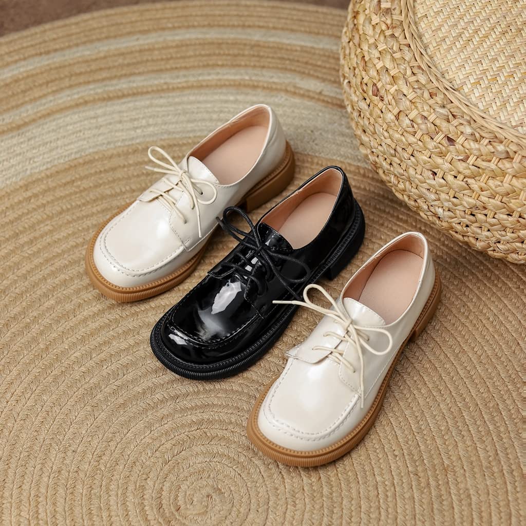 Women's Classic Lace-Up Oxford Shoes - Patent Leather Round Toe Flats with Low Heel - Comfortable Slip-On Loafers for Work, Office & Formal Occasions