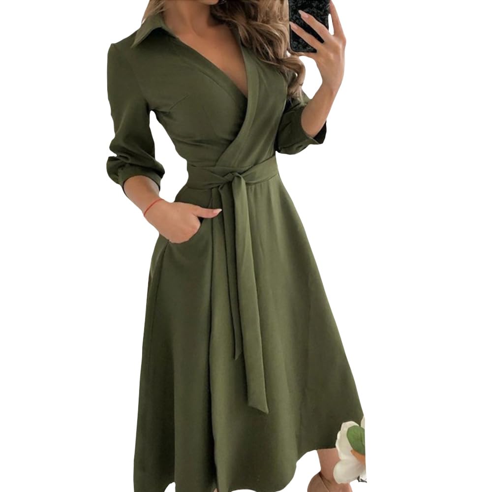ZOCANIA Women's Color Block Shirt Dress - Lapel V Neck Long Sleeve Button Down Office Business Dress with Waist Belt | Perfect for Work, Business Meetings & Formal Occasions