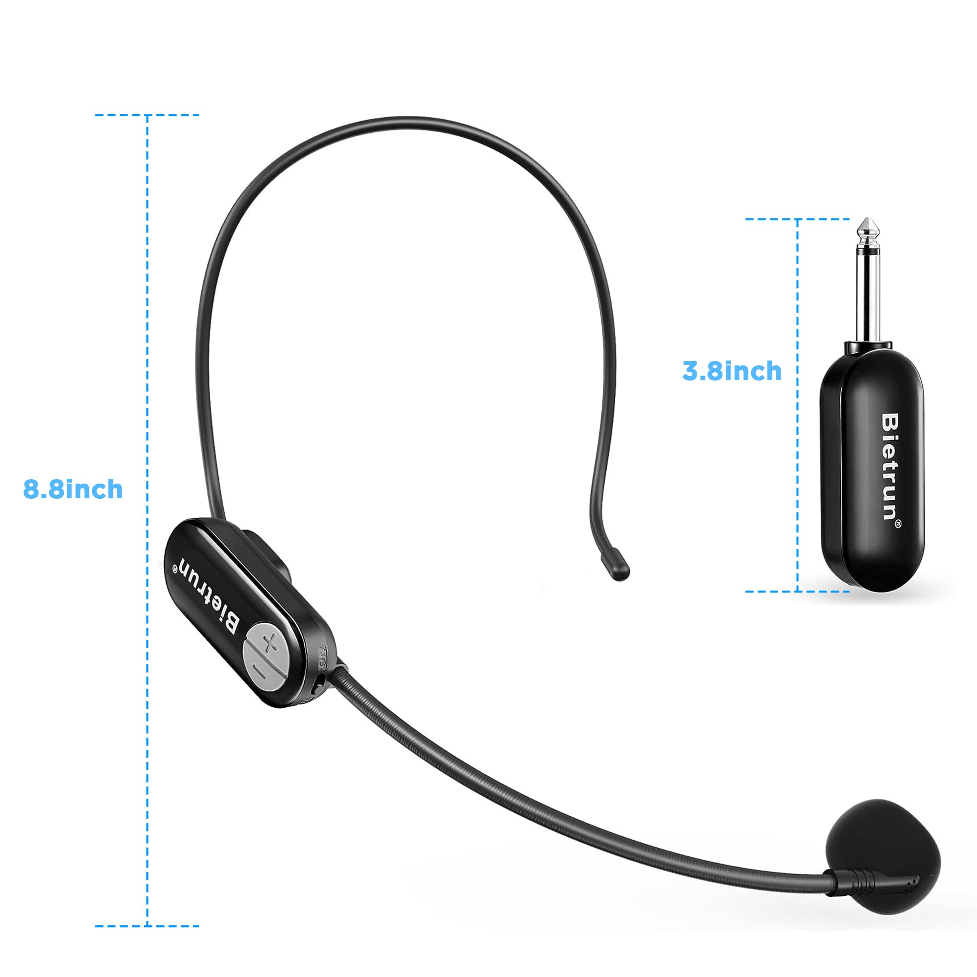 Bietrun UHF Wireless Microphone Headset with 1/4'' Plug, 165ft Range, 2-in-1 Headset & Handheld Mic for Karaoke, Amplifiers, PA Systems, Teaching, Fitness, Church Services, and Outdoor Events (Black)