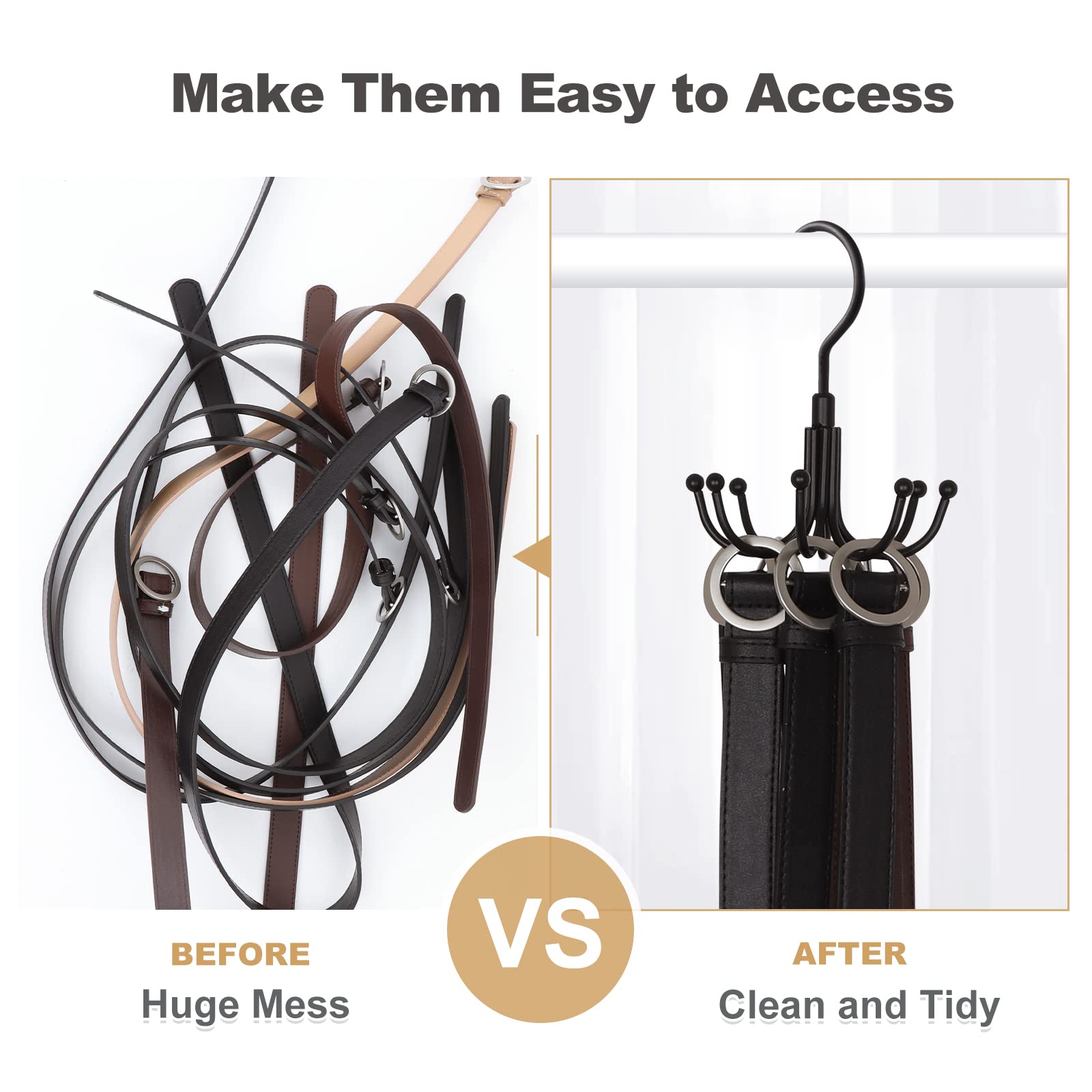 360° Rotatable Belt Organizer & Closet Storage Hook - 2-Pack with 8 Hooks for Belts, Ties, Scarves, Purses & More | Space-Saving Accessory Organizer for Closet, Wardrobe & Bedroom (Black)