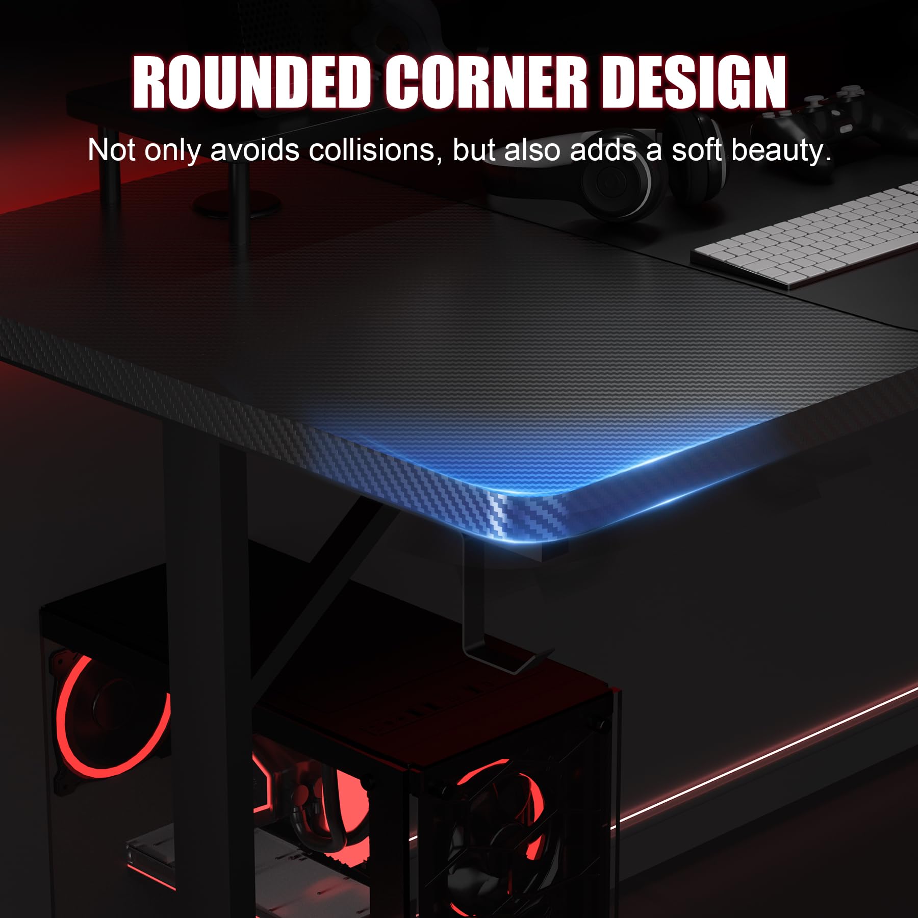 GTRACING 55 Inch Gaming Desk with LED Lights - Large Computer Desk with Mouse Pad, Carbon Fiber Surface, Headphone Hook - Perfect for Home Office & PC Gaming Workstations (Black)