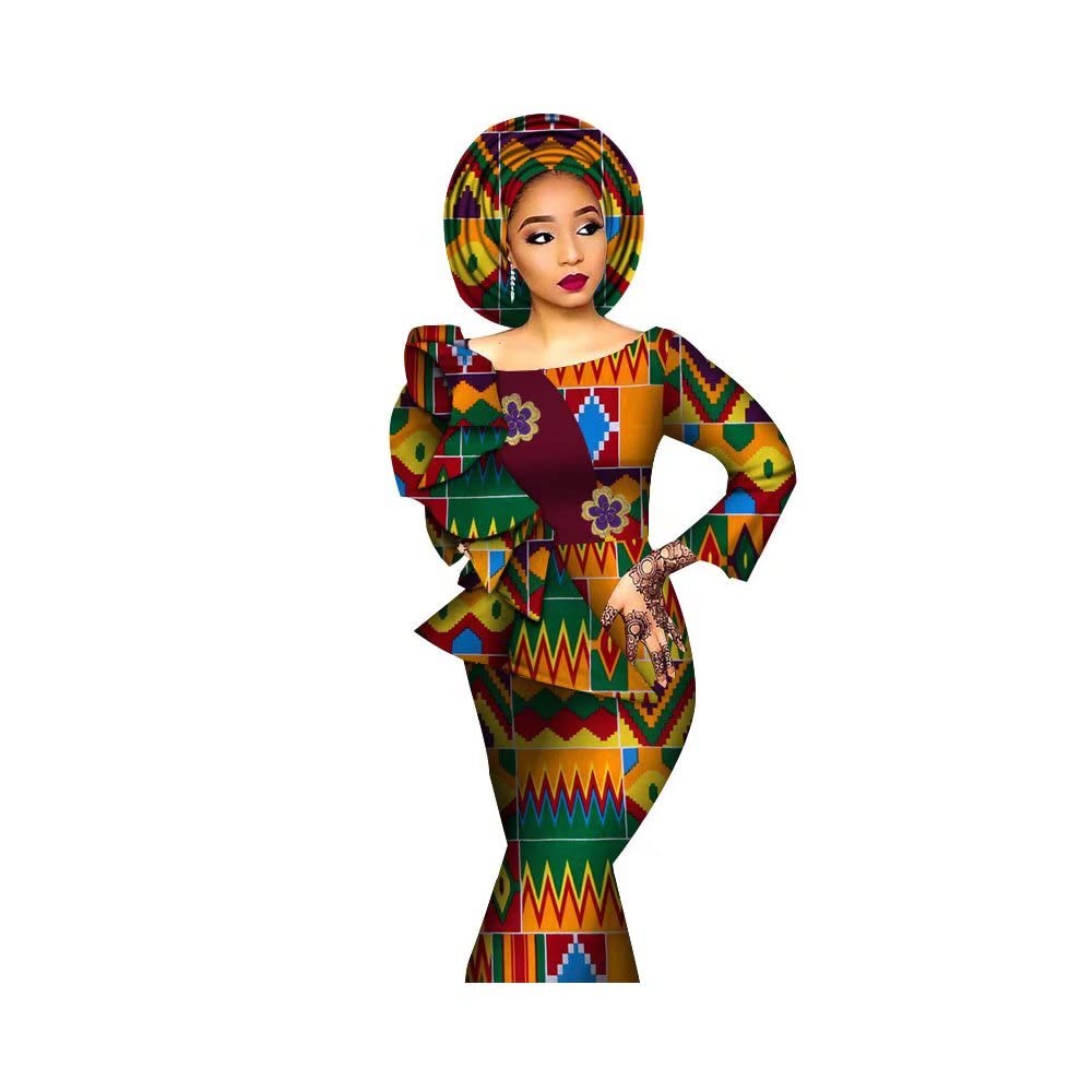 Elegant African Print Mermaid Maxi Dress for Women - Long Sleeve Ruffle Dress with Matching Headscarf | Perfect for Weddings, Parties & Cultural Events