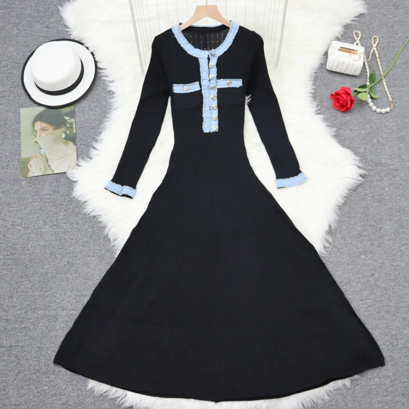 2024 Autumn Women's Patchwork Knit Dress - Black White Blue Single Breasted Elegant French Style Long Sleeve Dress for Fall Festival & Holiday Parties | Perfect for Office, Date Night & Special Occasions