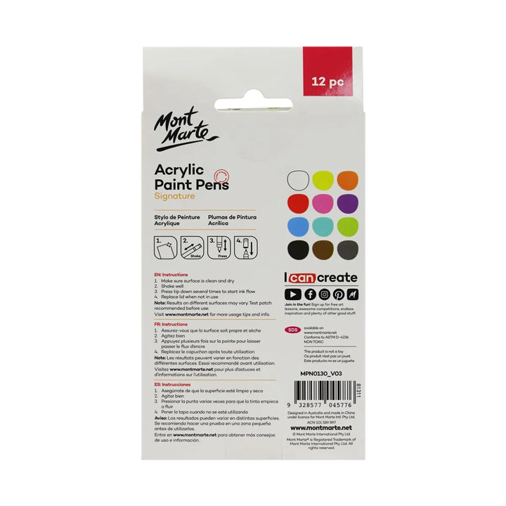 12-Pack Acrylic Paint Pens with 3mm Broad Tip for Signatures, DIY Crafts, and Art Projects - Vibrant Colors for Canvas, Wood, Glass & More