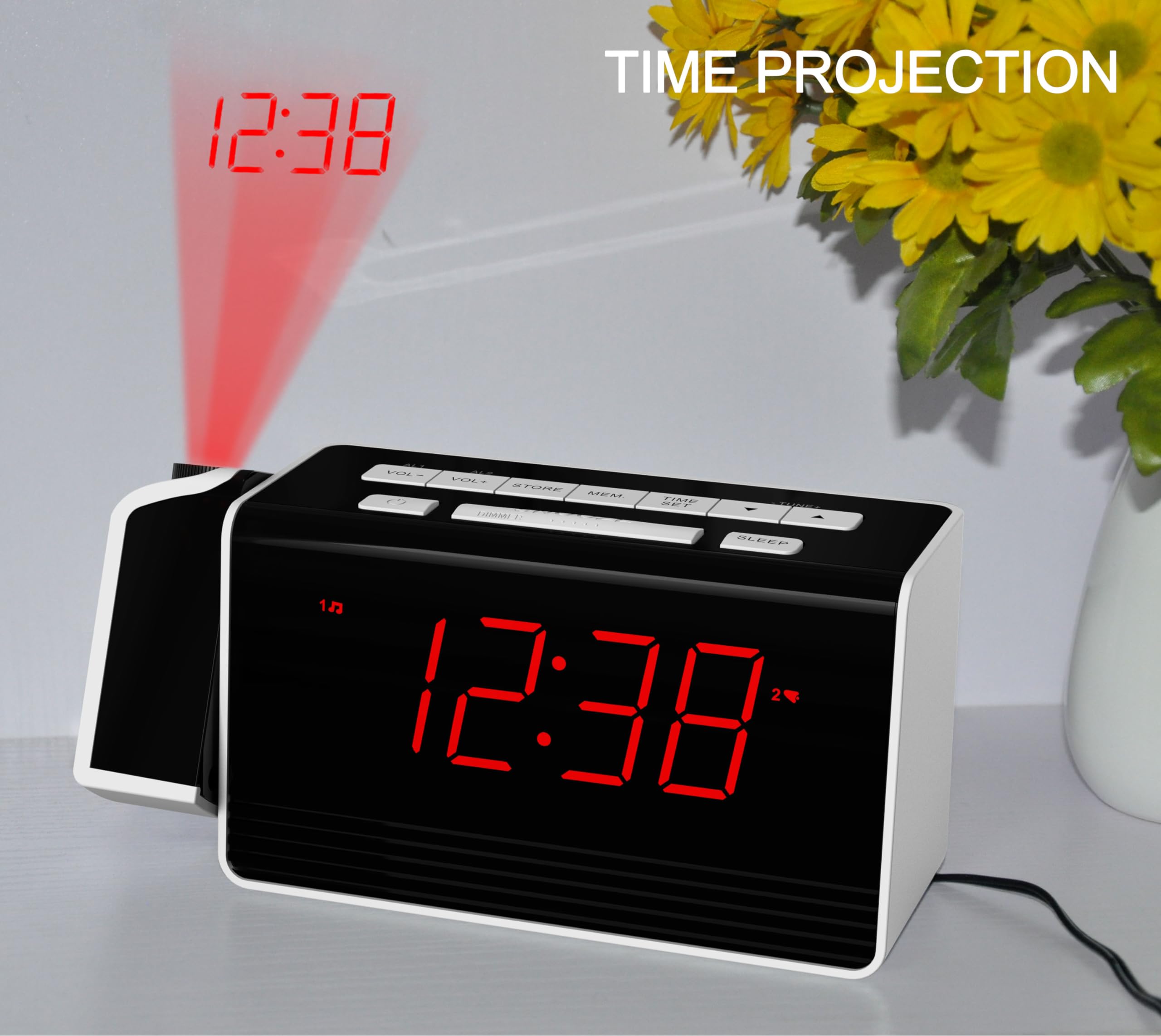 iTOMA 180° Rotatable Projection Alarm Clock with FM Radio, Red LED Display, 4-Level Brightness - Dual Alarm Clock with Snooze for Bedroom, Office, Kids Room | Perfect for Nighttime Reading, Wake-Up Light & Home Decor