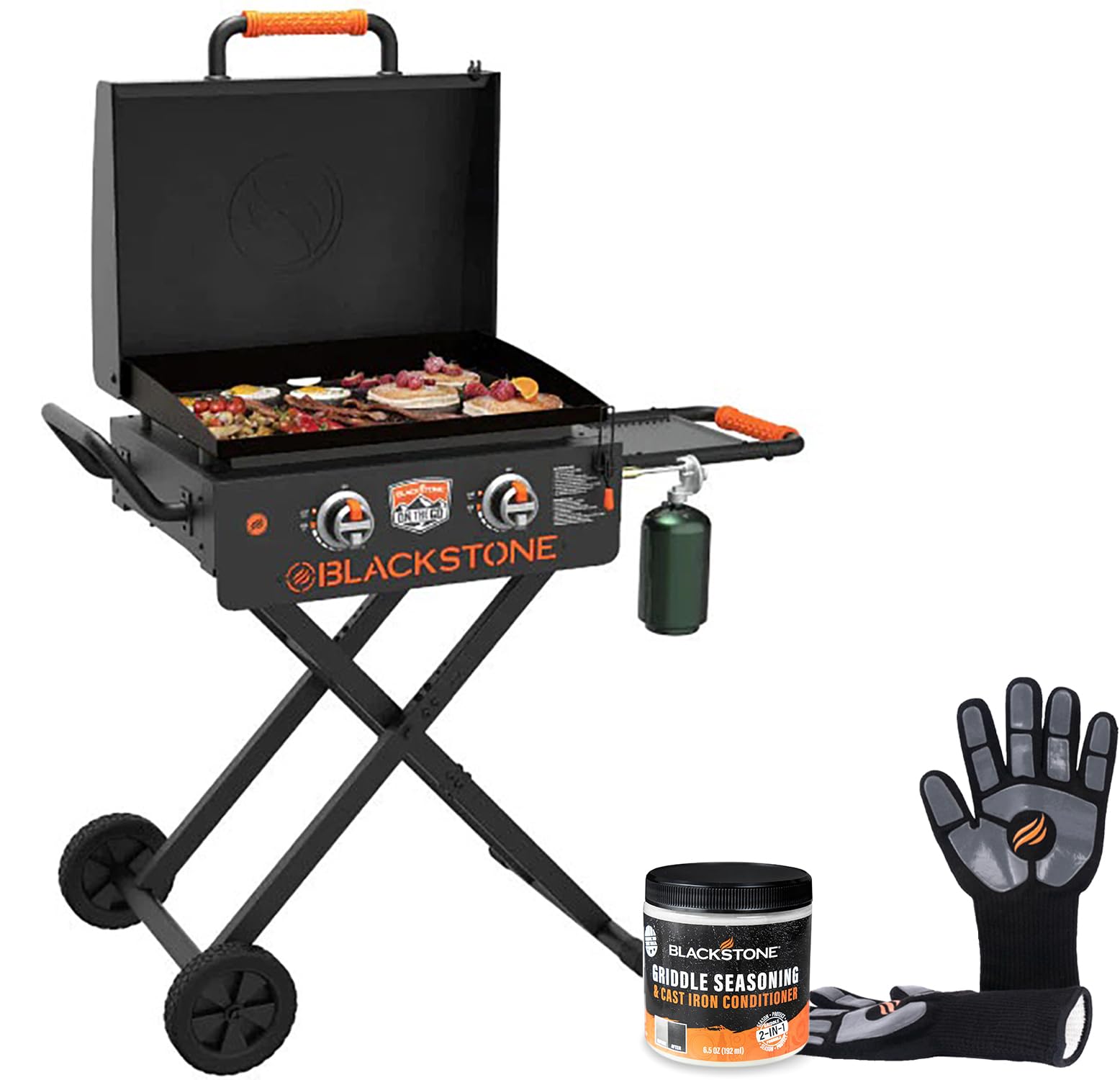 22 Inch Blackstone Griddle with Hood - Foldable Outdoor Flat Top Gas Grill with Stand, Seasoning & Gloves - Portable Propane Grill for Camping, Backyard BBQ & Tailgating
