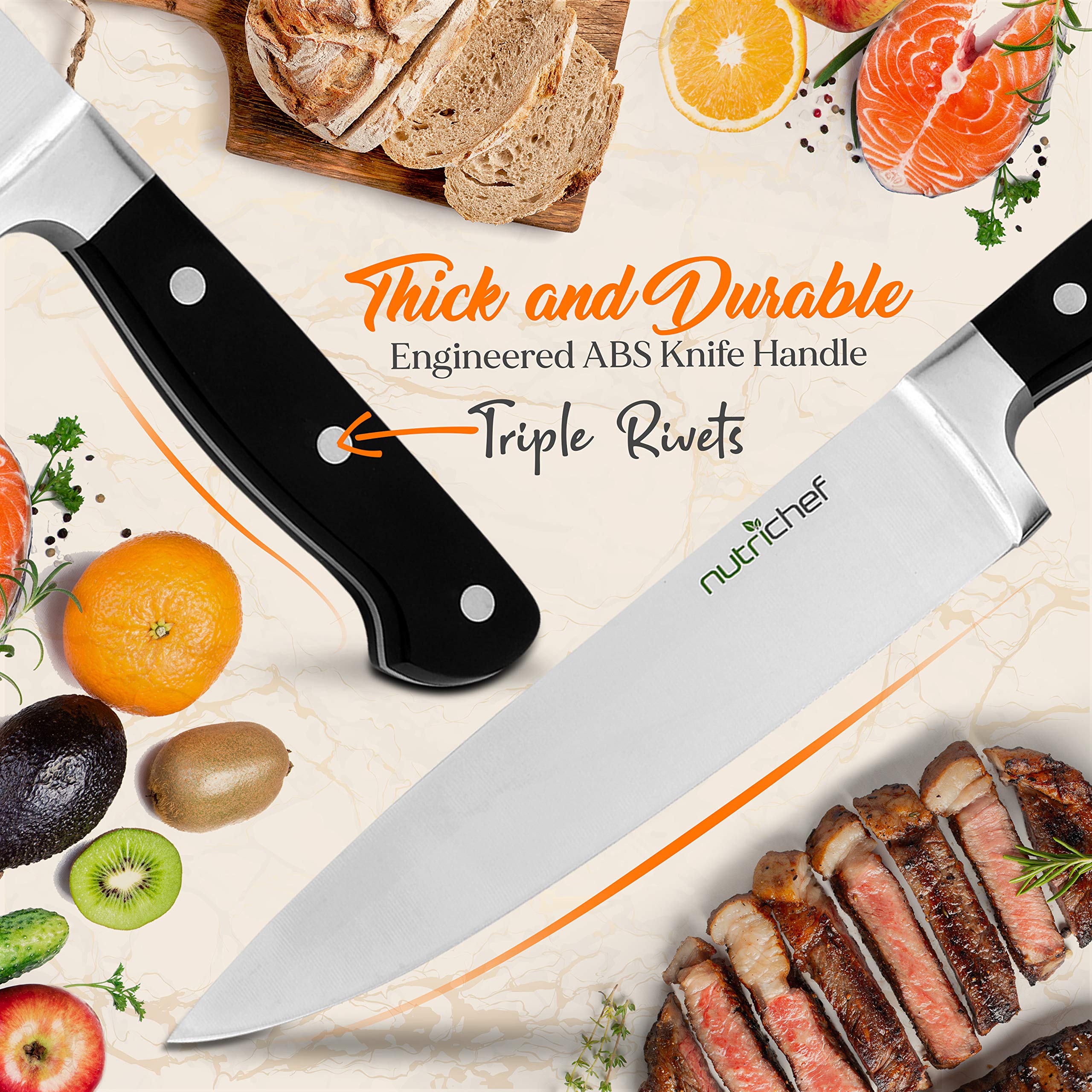 NutriChef 13-Piece Kitchen Knife Set with Wooden Block - Premium Stainless Steel Knives with Scissors & Built-In Sharpener - Ultra Sharp, Lightweight & Durable - Dishwasher Safe for Easy Cleaning - Perfect for Home Chefs, Cooking Enthusiasts & Professional Kitchens (NCKNS13)