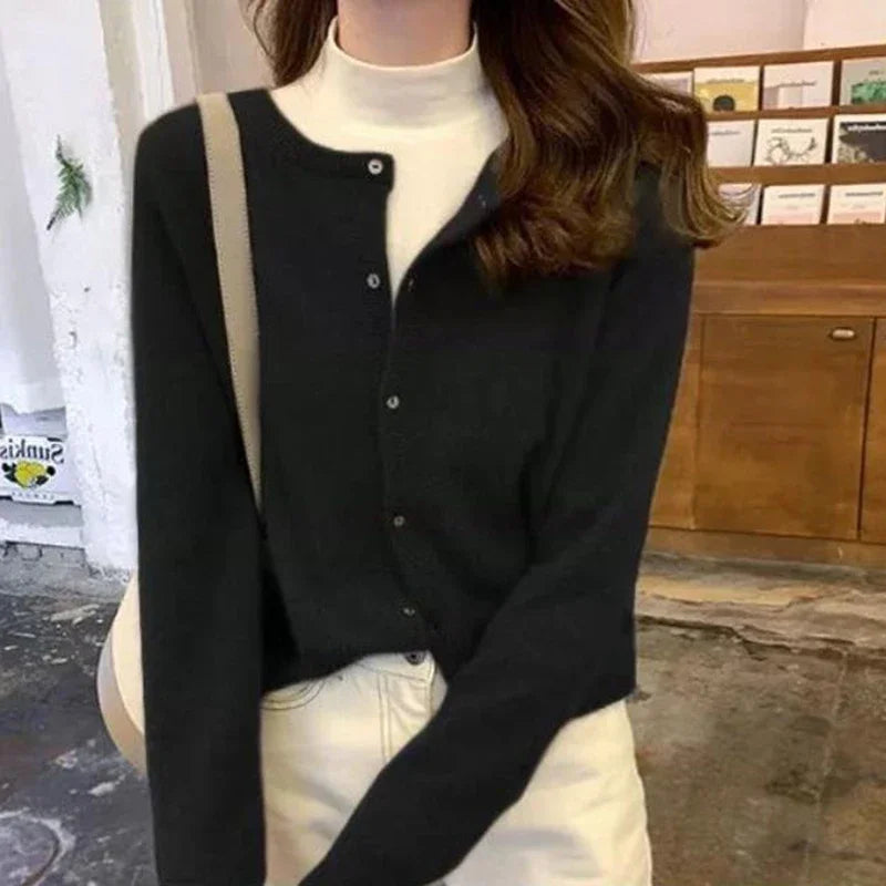 Solid Color Knitted Cardigan Round Neck Sweater for Women - Cozy Casual Pullover for Fall & Winter - Perfect for Office, Dating, and Travel
