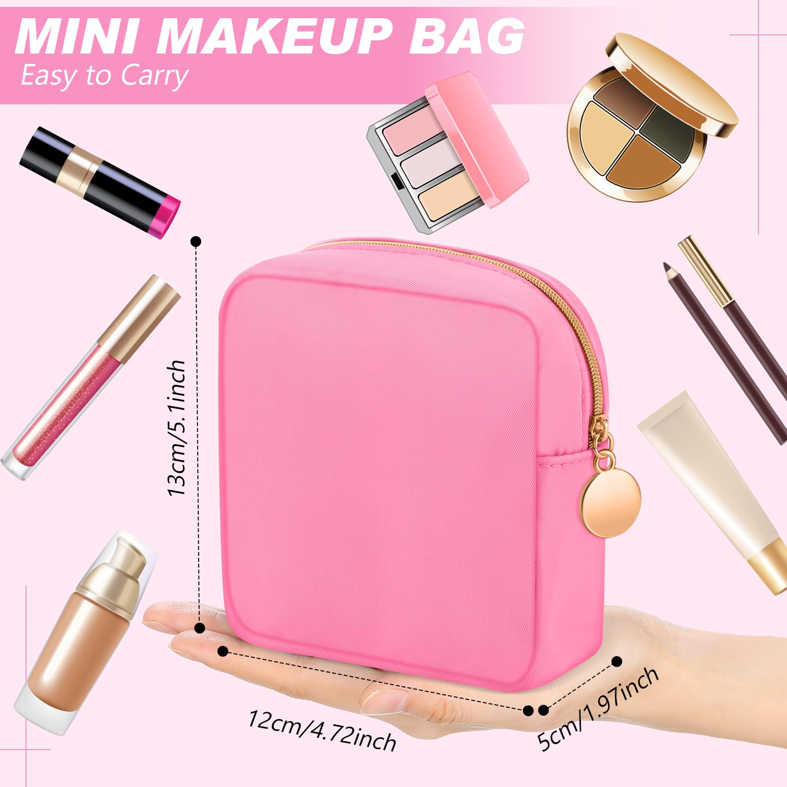 12 Pcs Mini Makeup Bags - Small Nylon Zipper Pouches for Cosmetics & Travel Organizer | Compact Square Purse Accessories for Women | Perfect for Daily Essentials, Travel Toiletries & Jewelry Storage (Pink)
