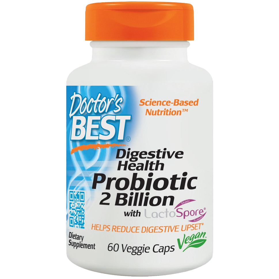 Doctor's Best Digestive Health Probiotic 2 Billion CFU with LactoSpore - 60 Vegan Capsules for Gut Health & Immune Support - Ideal for Travel, Antibiotic Recovery & Daily Wellness
