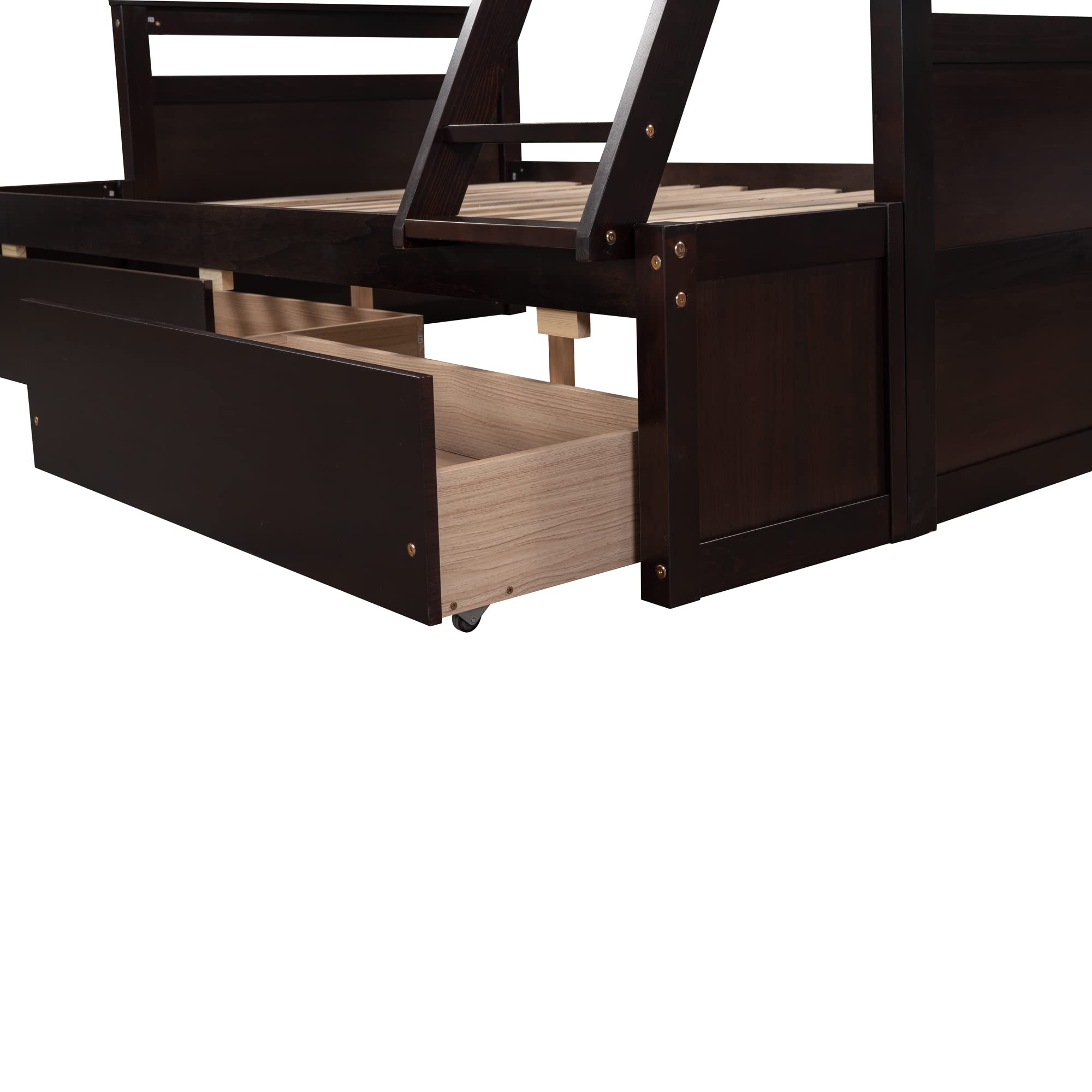 Twin Over Full Bunk Bed with Storage Drawers - Convertible Wooden Bunk Bed Frame for Kids, Teens & Adults - Includes Safety Guardrail & Ladder - Espresso Finish - Perfect for Small Bedrooms, Guest Rooms & Vacation Homes