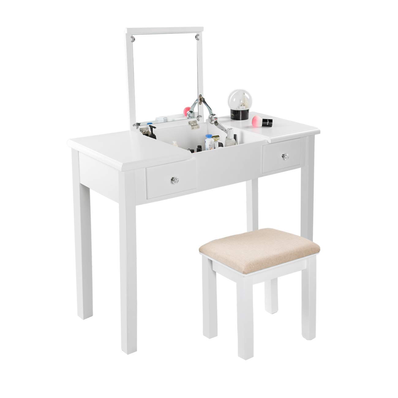 AODAILIHB White Vanity Table with Flip Top Mirror, Makeup Dressing & Writing Desk, 2 Drawers & 3 Removable Organizers, Includes Cushioned Stool - Perfect for Bedroom, Dorm Room, and Home Office (Easy Assembly)