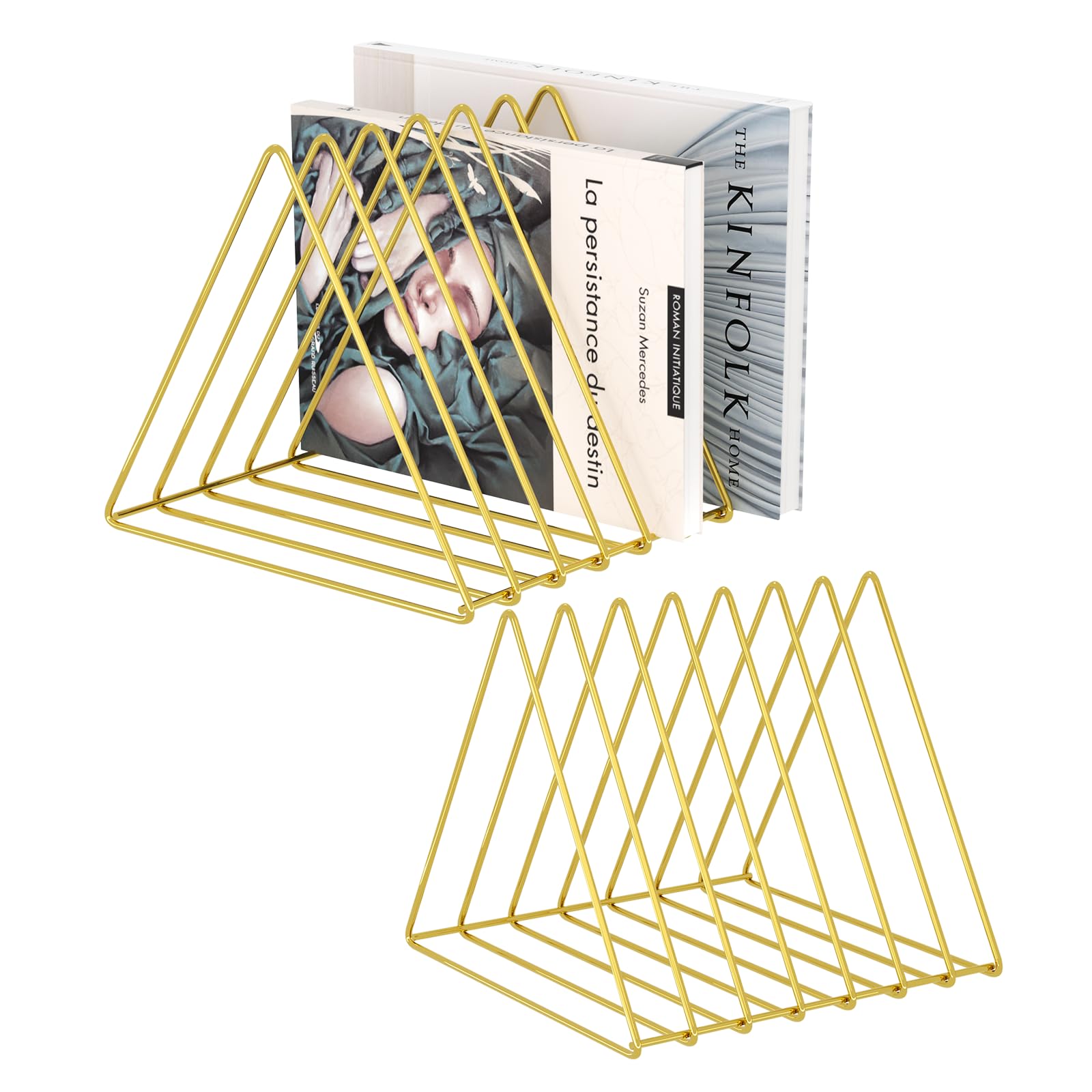 Metal Wire Magazine Holder - 7-Section Desk Organizer for Office, Vinyl Record Storage, Decorative File Folders (Gold, Pack of 2) - Perfect for Home Office, Study Room & Workspace Organization