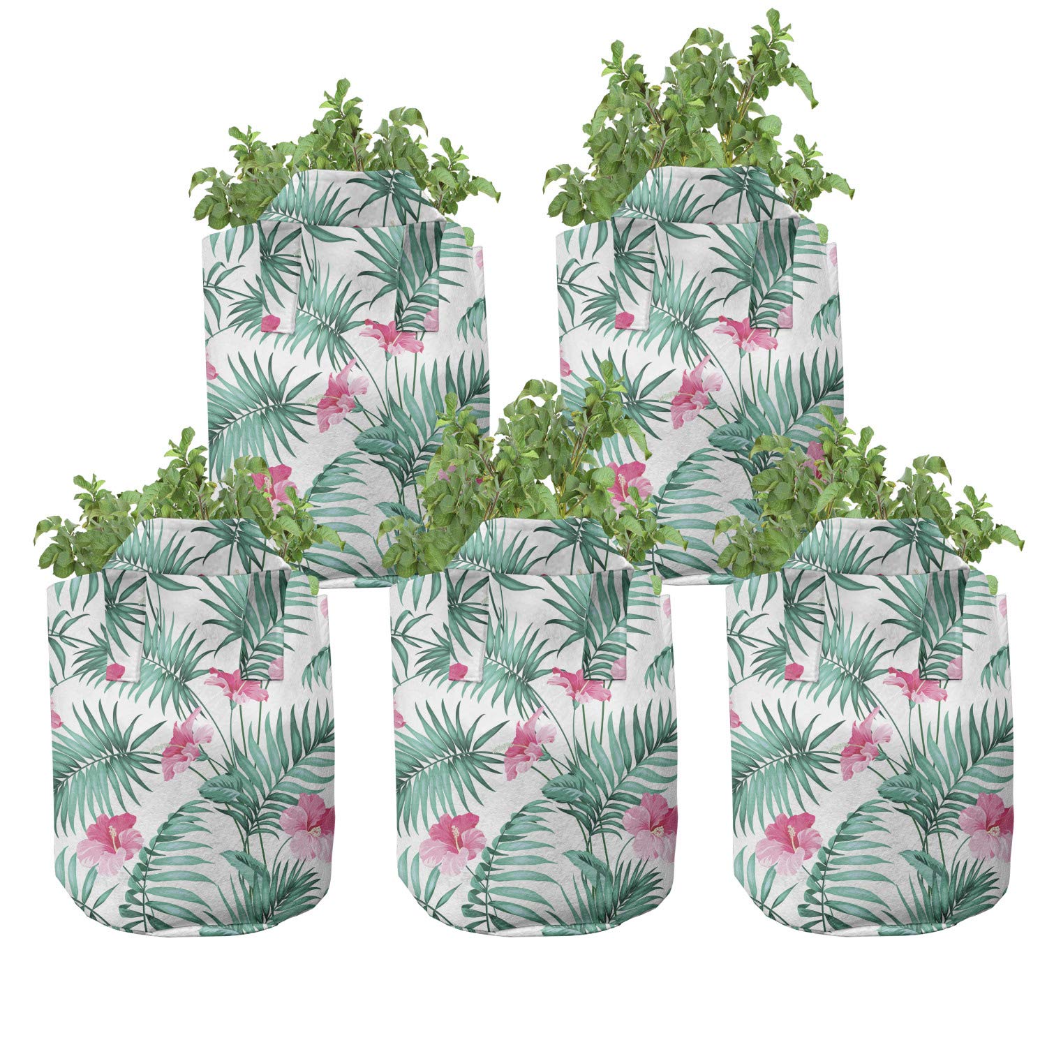 Ambesonne 5-Pack 5 Gallon Watercolor Grow Bags - Heavy Duty Fabric Plant Pots with Handles for Gardening, Tropical Fern & Flower Print in Seafoam Pink | Perfect for Indoor/Outdoor Plants, Vegetables, Herbs & Container Gardening