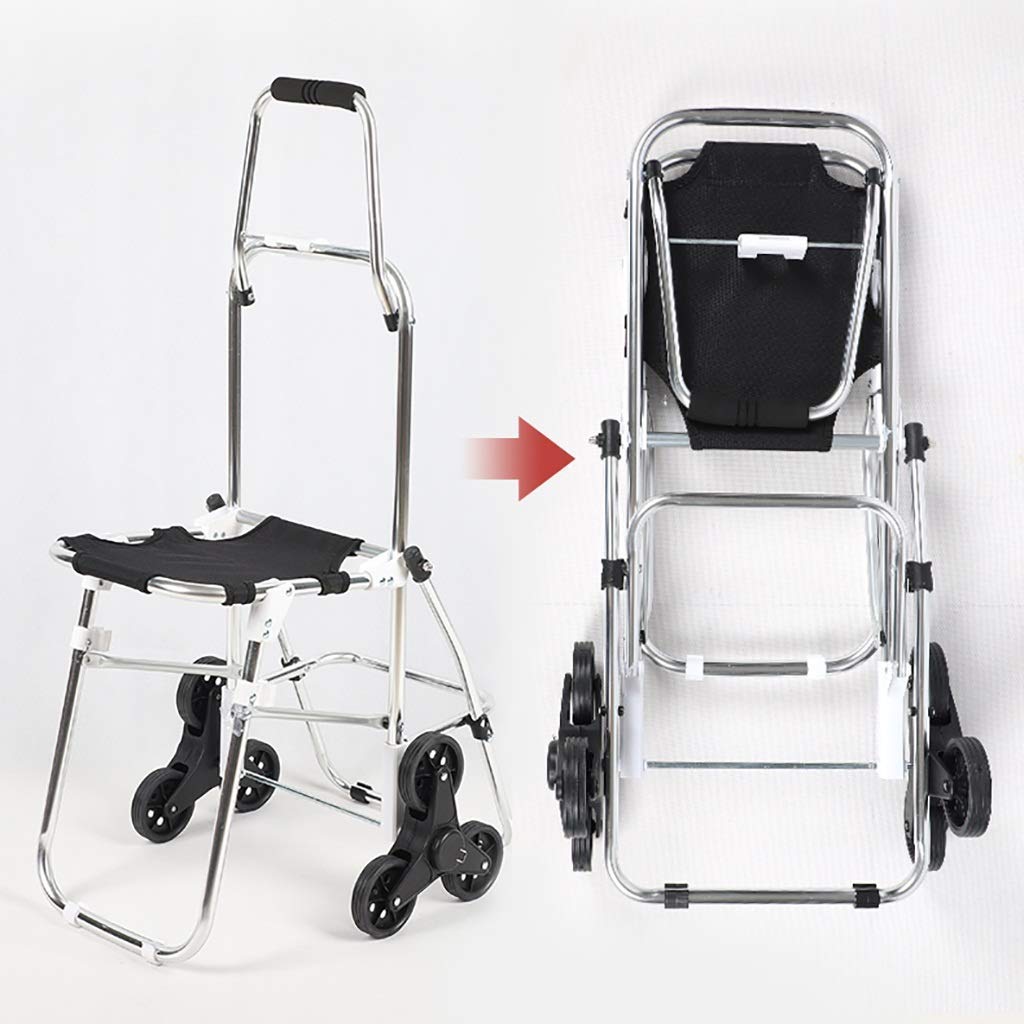 Collapsible Folding Wagon Cart with Seat - 6-Wheel Aluminum Alloy Shopping Trolley with Waterproof Lining & Ladder Climbing Function - Perfect for Grocery Shopping, Beach Trips, Camping and Outdoor Adventures