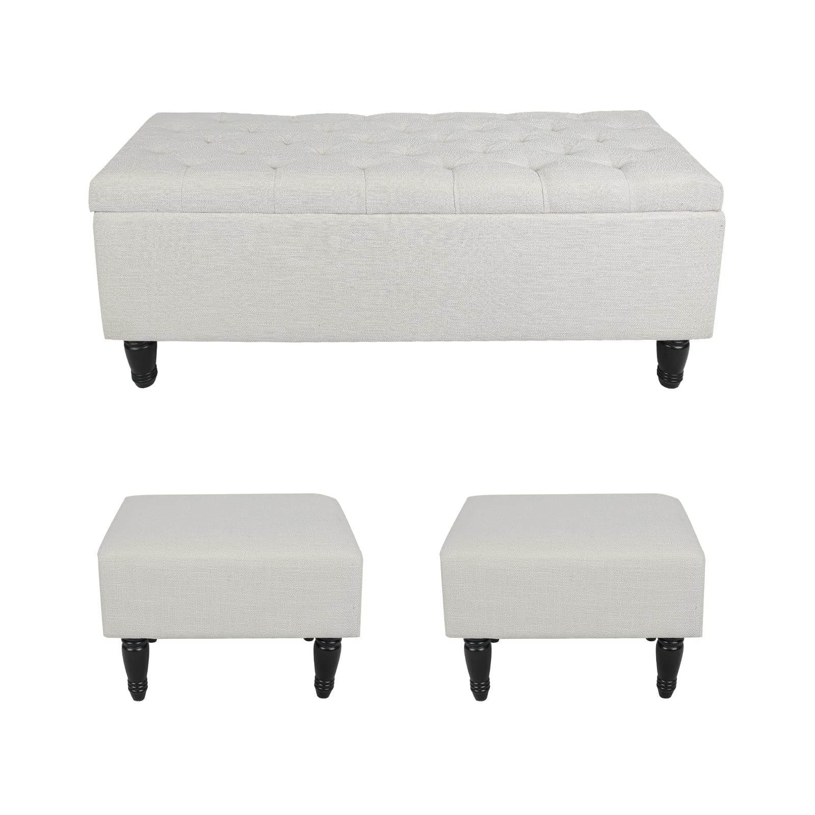 Acehome Upholstered Storage Bench with 2 Footstools - Solid Wood Legs, Button Tufted Linen Fabric Ottoman for Bedroom, Living Room & Entryway - White | End of Bed Seat with Hidden Storage | Perfect for Organizing Blankets, Shoes & Home Decor