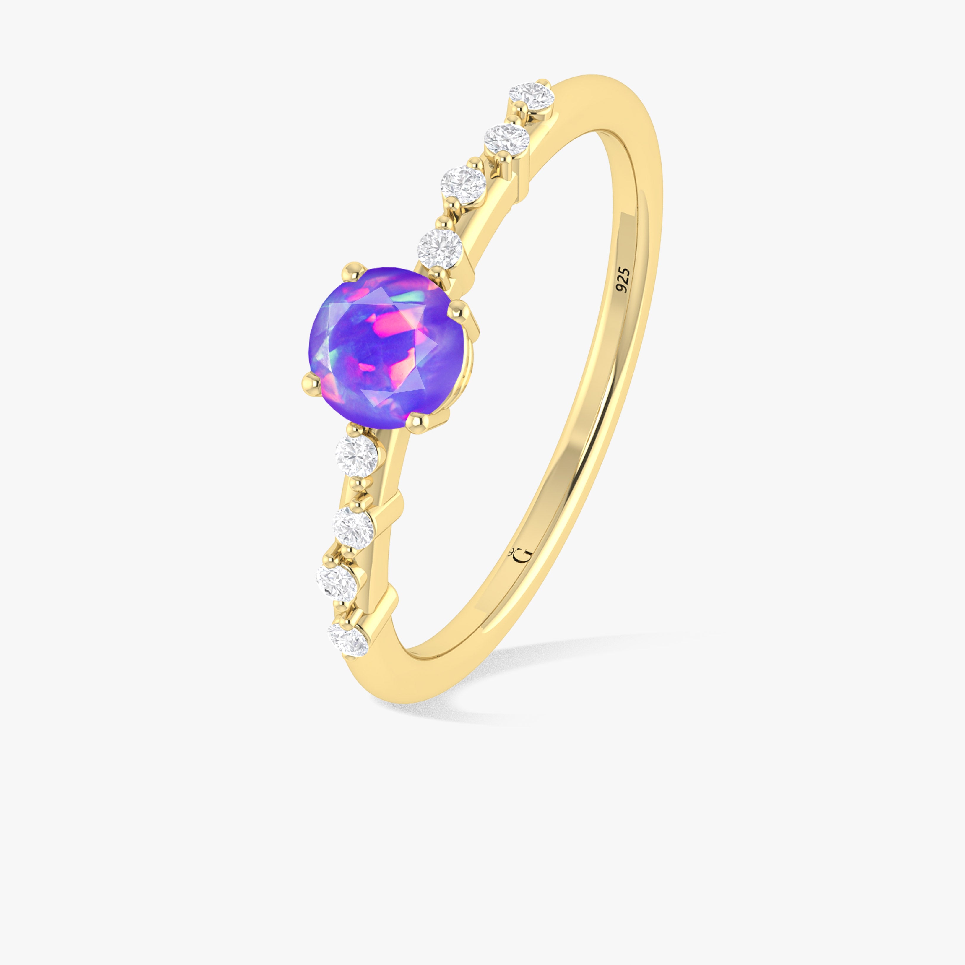 Natural Lavender Opal Round Stone Minimalist Solitaire Ring with Accent Diamonds - Elegant Dainty Jewelry for Women, Perfect for Engagement, Wedding, Anniversary & Everyday Wear