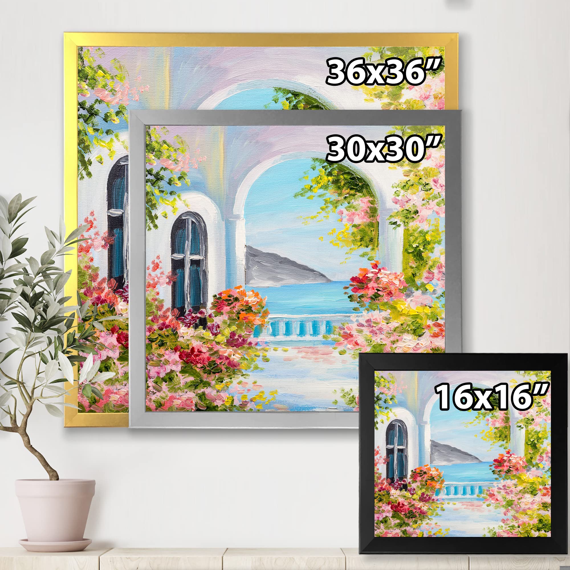 Traditional Greek House Wall Art with Pink Flowers - Nautical & Coastal Framed Decor for Living Room, Bedroom, or Beach House