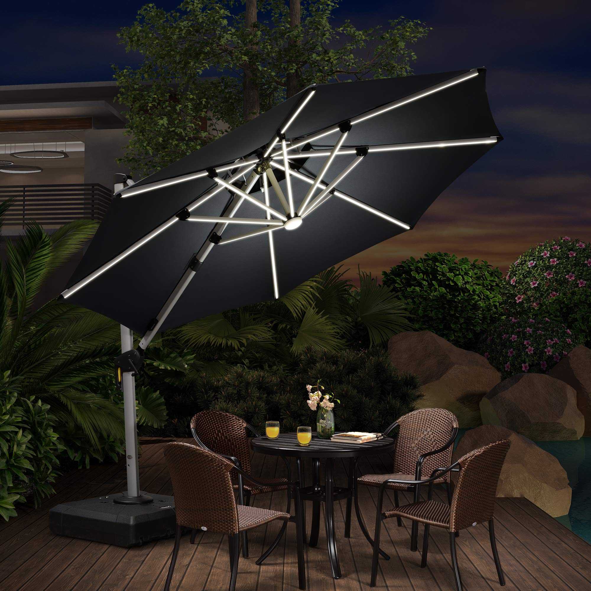 PURPLE LEAF 10ft Solar Powered LED Patio Umbrella - Large Windproof Cantilever Outdoor Umbrella with Bright LED Lights for Garden, Deck, Pool | Heavy Duty Sun Shade for Patio, Backyard & Outdoor Dining (Grey)